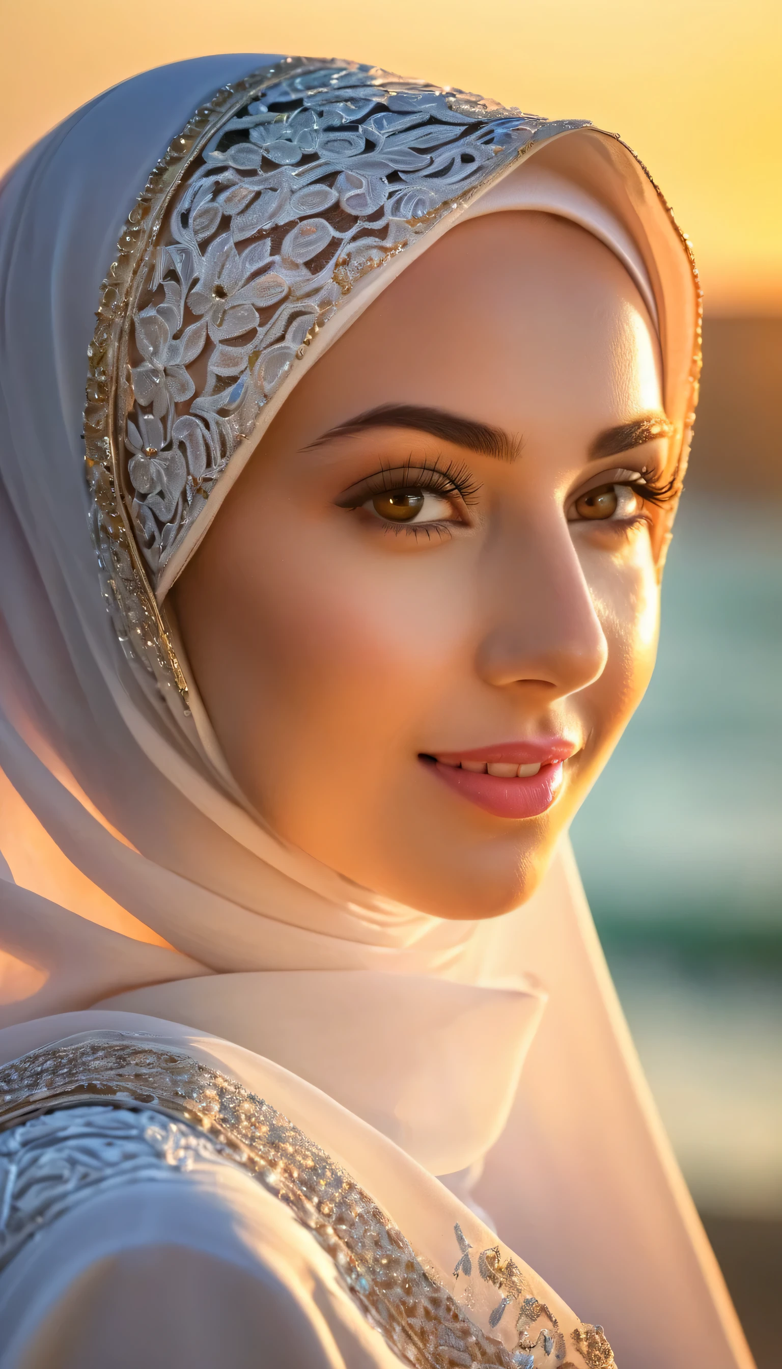 8K Ultra HD, a young beautiful lady with a long islamic dress, pale skin , warm smile, beautiful face ,wearing hijab , sunset coast should serve as the underlying backdrop, with its details incorporated into the goddess , crisp lines, The background is warm, sharp focus, 800mm lens, realistic , hyperrealistic, photography, professional photography, deep photography, ultra HD, very high quality, best quality, mid quality, HDR photo, focus photo, deep focus, very detailed, original photo, original photo, ultra sharp, nature photo, masterpiece, award winning, shot with hasselblad x2d