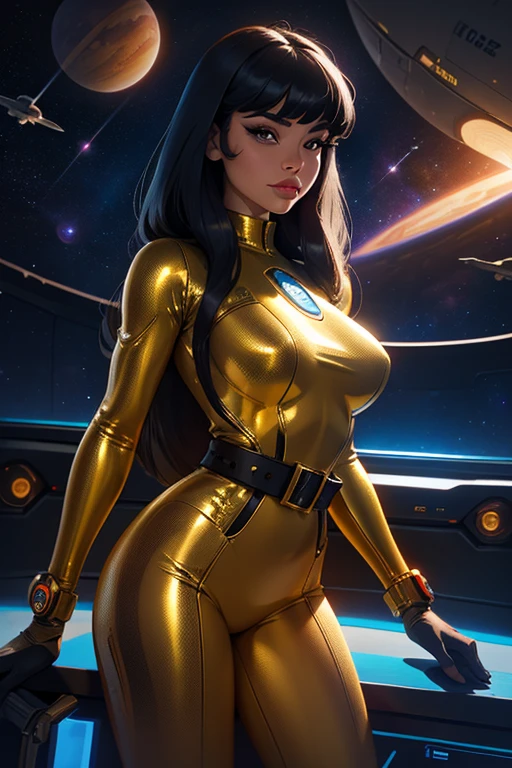 Best quality, 8K, woman space retro futurism, beautiful and detailed face, red curly long hair, bangs,big eyelashes,LOOKING TO observer,TAN bodystocking, black belt,sci-fi RETRO SPACESHIP scenario