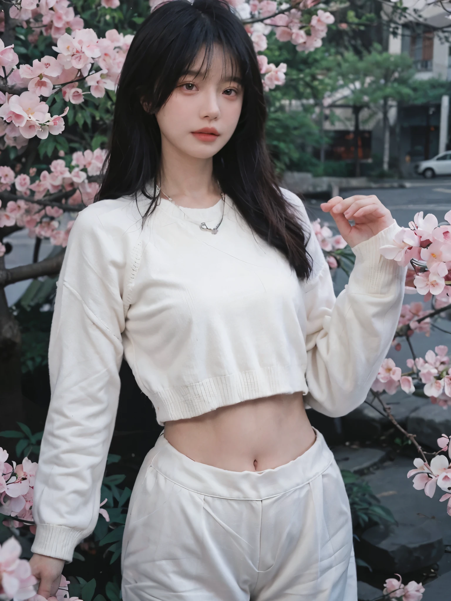 best quality, ultra high resolution, (realistically:1.4),Baoyu Girl,1 girl, long, straight hair,Looking into the distance,Under the cherry blossom tree,red short sweater,a sense of atmosphere,Beautiful woman with slim figure:1.4, abdominal muscles:1.1,,Super thin face,exquisite eyes,double eyelids,necklace