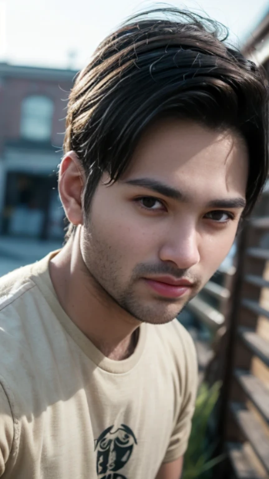 A beautiful young bearded man with highly detailed skin looking at the camera,8k,high res, soft light,no contrast,ultra realistic, photorealism.((real life photo,realistic:1.9, short beard, realistic casual clothes:1))