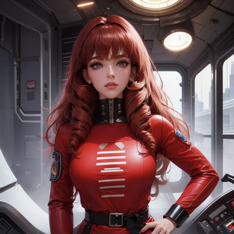 Best quality, 8K, woman space retro futurism, beautiful and detailed face, red curly long hair, bangs,big eyelashes,LOOKING TO observer,TAN bodystocking, black belt,sci-fi RETRO SPACESHIP scenario