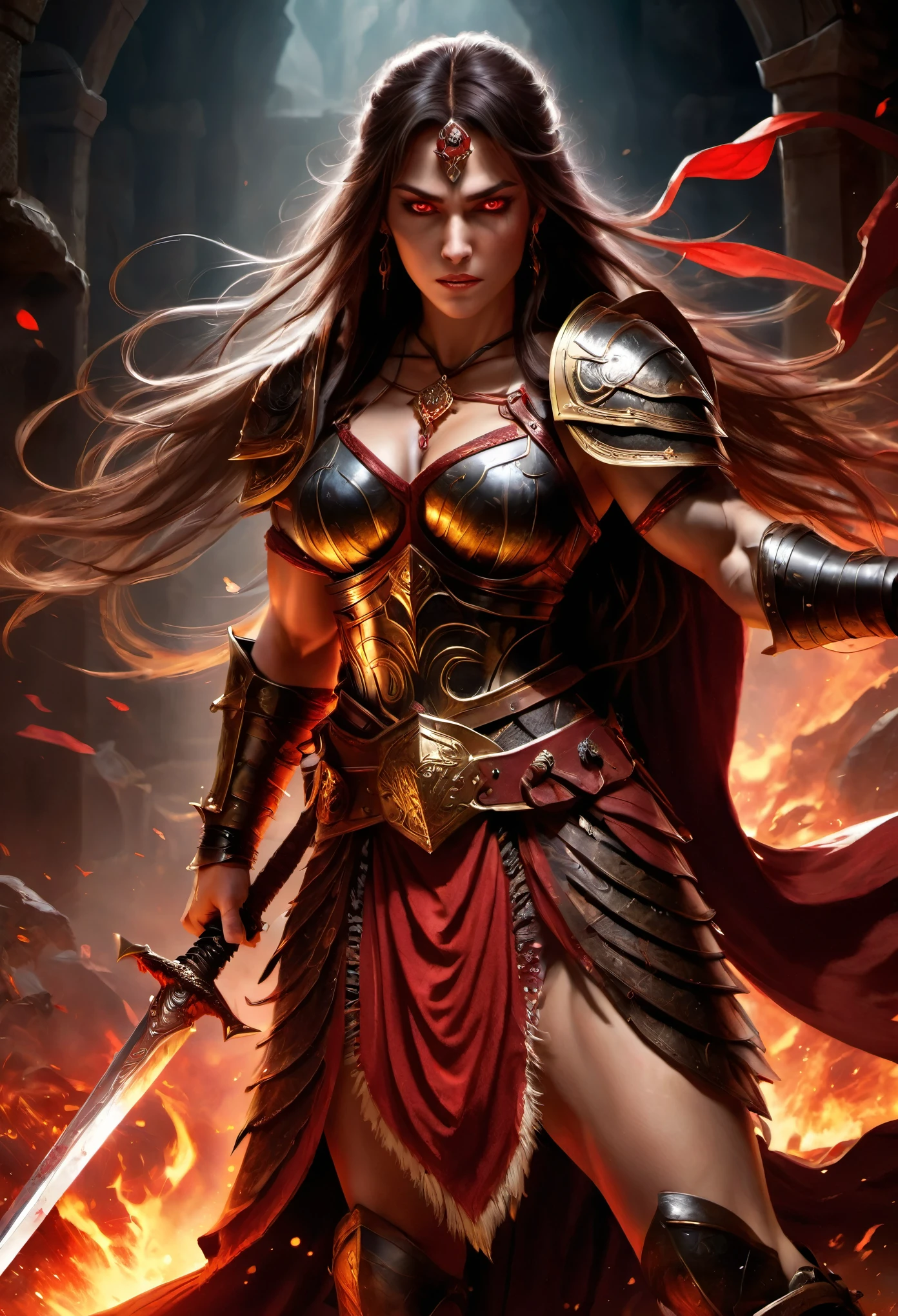 Dungeons&Dragons, dark fantasy, (best quality,highres,ultra-detailed,realistic:1.37), (Wide angle:1.2), (fighting scene),, ancient woman,  very strong and muscular, god of death, powerful, majestic, angry, wearing a ancient skirt and tunic, sandals with high-tied laces to the knees. Blac and Gold and red ornaments, long hair, glowing red eyes, bloody body, dark majestic, spear, ancient helmet,, magical power, magical aura,, Woman fight with 3 smaller heroes (knights in armor), The knights are half the size of her, dynamic fight, dynamic scene, 8k, film grain, depth of field, RAW photo, 