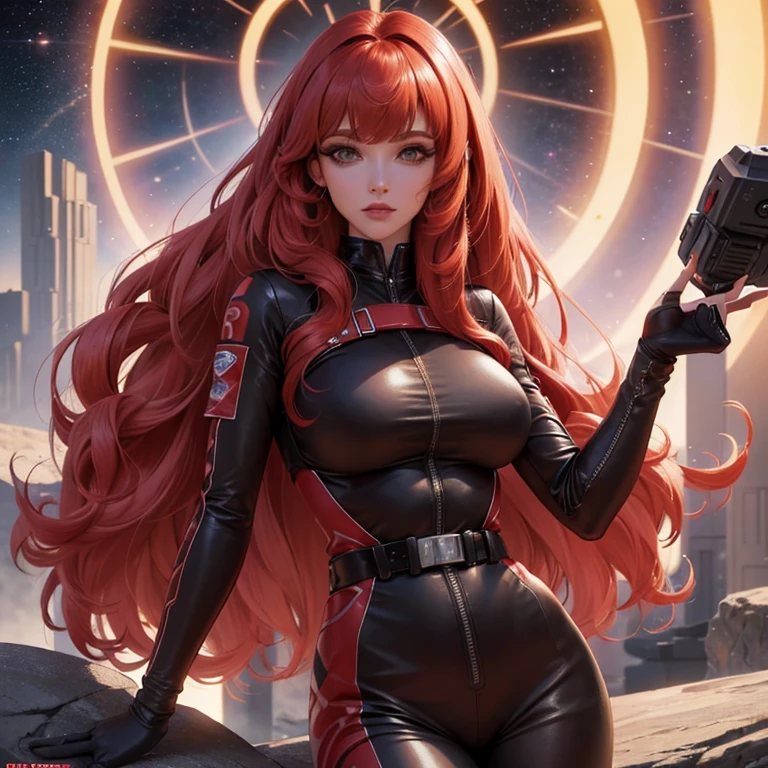 Best quality, 8K, woman space retro futurism, beautiful and detailed face, red curly long hair, bangs,big eyelashes,LOOKING TO observer,TAN bodystocking, black belt,sci-fi RETRO SPACESHIP scenario