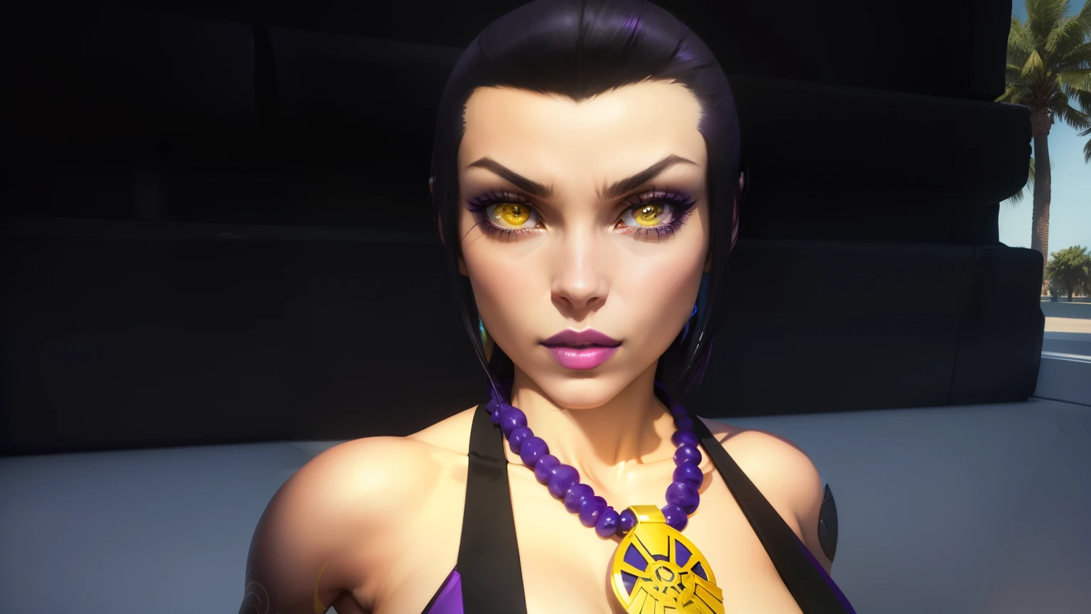a close up of a woman with a purple necklace and a purple necklace, alluring mesmer woman, nico robin, nefarious smirk, upper body avatar, style is a blend of æon flux, epic 3 d yemaya, female spy, character close up, silk spectre, epic 3 d oshun, yellow eyes, dark hair pulled back, purple lipstick