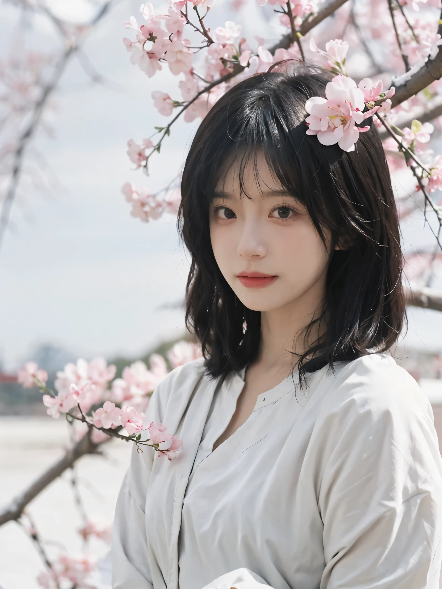 best quality, ultra high resolution, White background,(realistically:1.4), 2 girls, white cheongsam,twin? Sakura Rain,Under the cherry blossom tree,A pair of eyes as clear as snow,Royal sister,looking at the audience, close up ,