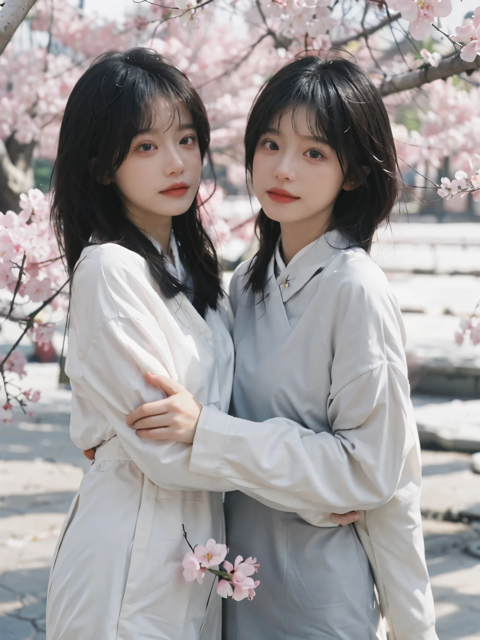 best quality, ultra high resolution, White background,(realistically:1.4), 2 girls, white cheongsam,twin? Sakura Rain,Under the cherry blossom tree,A pair of eyes as clear as snow,Royal sister,looking at the audience, close up ,