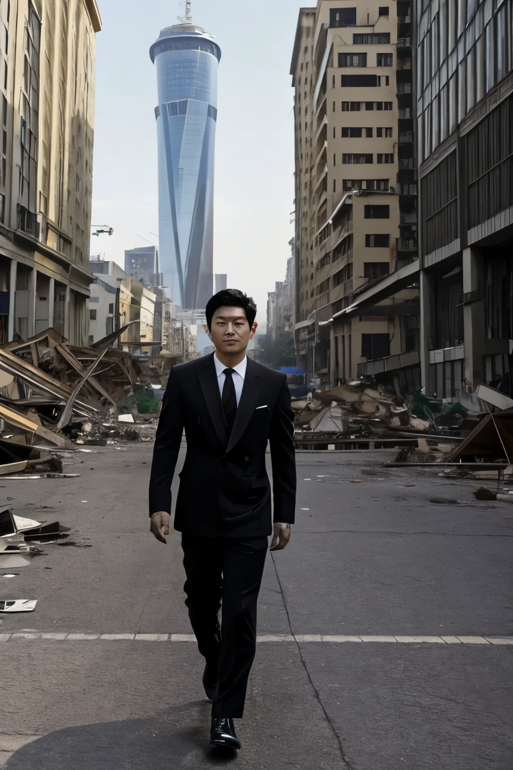 Black hair , Asian Man in his 20s, 4k picture quality, An ultra-high picture quality, Real like a real human, wears a suit, 1 young man, walking away from crumbling building behind him, cash falling from the sky, dollar bills.