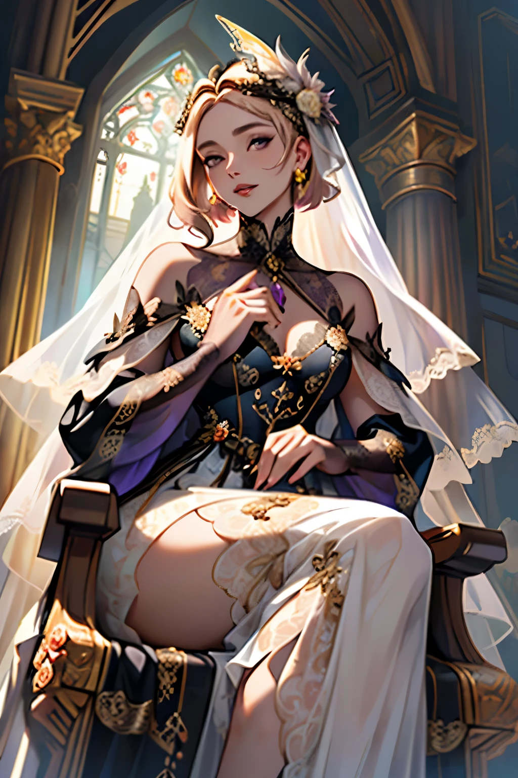 mulher adulta com cacheado loiro pessego cabelos longos volumosos, Wearing a dark purple and gold ta gothic dress in Mahou Shoujo style, with a dark purple veil on his head, Sente-se em um trono de Marbole, rosto hiper-datalhado, rosto bonito, perfect hands, detailed hands, rosto perfeito, vestido volumoso e exuberante, Vestido elegante, Vestido bonito, mulher bonita, vestido longo, Vestido bonito, ao fundo uma catedral obscura, melancholic and ethereal appearance, peach blonde hair, cabelo com frnaja, cabelo bonito e longo, loiro pessego, peach blonde, vestido roxo, vestido roxto e dourado, Vestido bonito roxo, cabelo com franja, vestido roxo, cabel ocom tira, vestido roxo, fleshy lips, beautifull lips, lips sexy