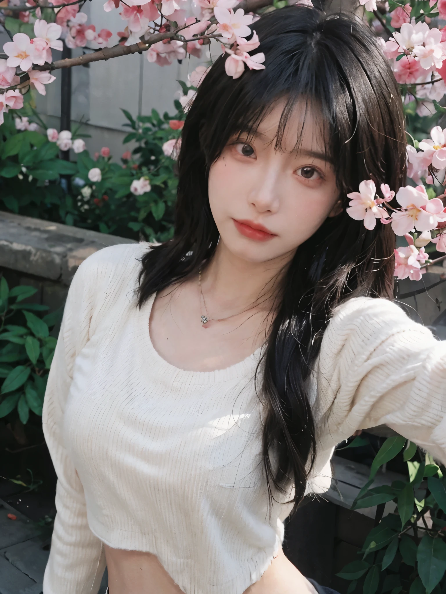 best quality, ultra high resolution, (realistically:1.4),Baoyu Girl,1 girl, long, straight hair,Looking into the distance,Under the cherry blossom tree,red short sweater,a sense of atmosphere,Beautiful woman with slim figure:1.4, abdominal muscles:1.1,,Super thin face,exquisite eyes,double eyelids,necklace