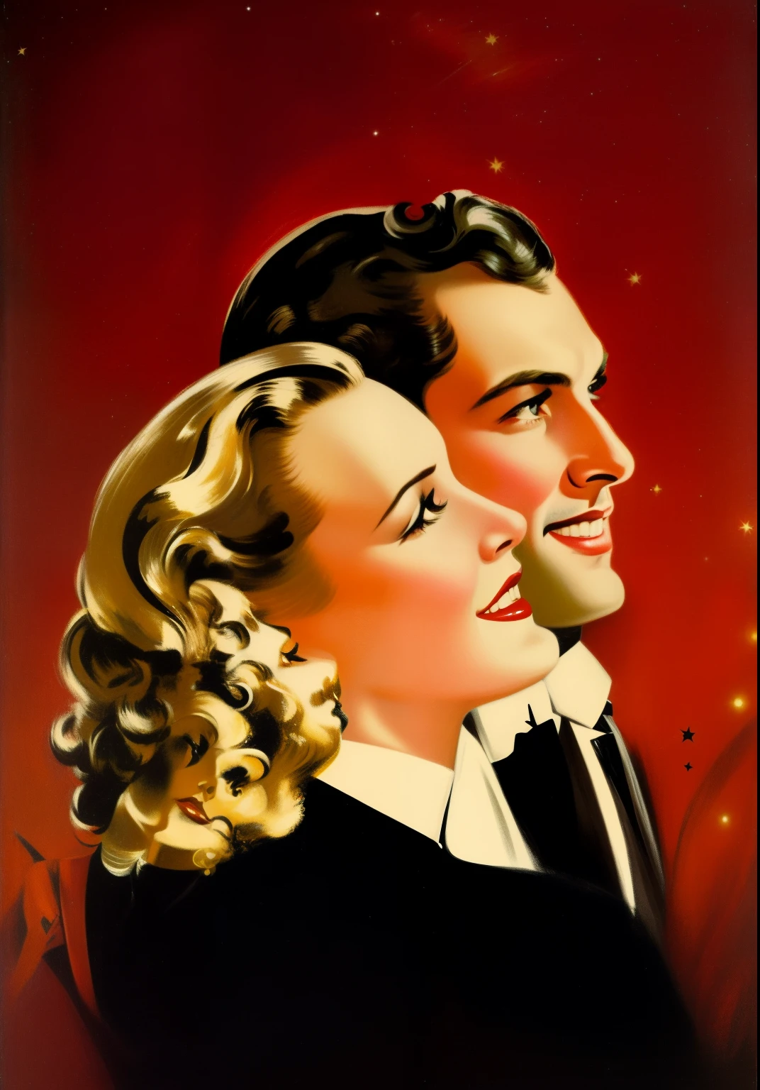 arafed image of a couple in a tuxedo looking at the stars, enoch bolles, art deco portrait, golden age illustration, 1930s film, vintage magazine illustration, by Andrew Loomis, golden age illustrator, vintage pulp art, vintage movie, inspired by Rolf Armstrong, inspired by Art Frahm, art deco poster, art deco painting