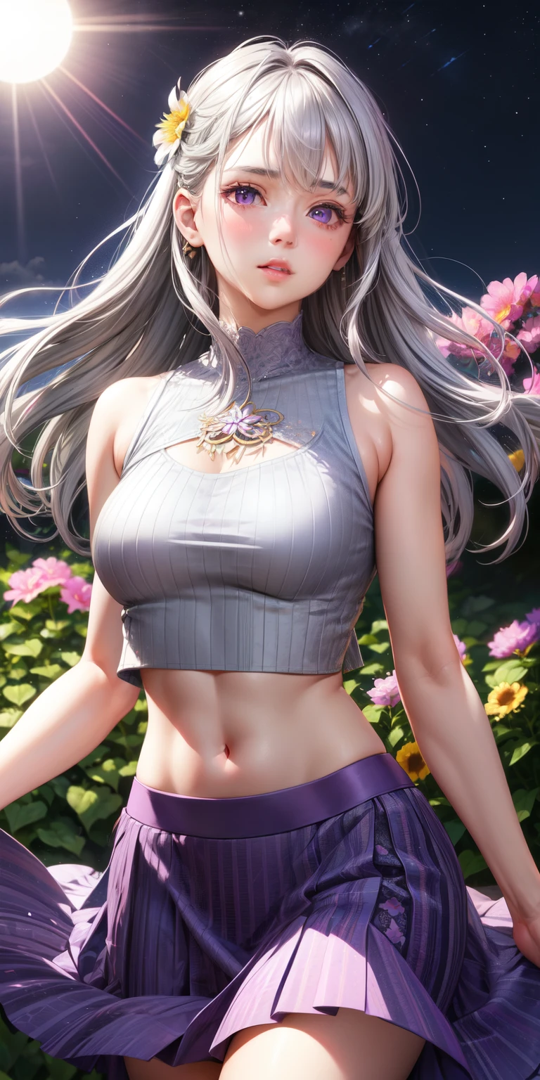 realistic, 1 girl, gray hair, purple eyes, shining eyes, crop top, skirt, parted lips, blush, night, flowers, sun, sunlight,