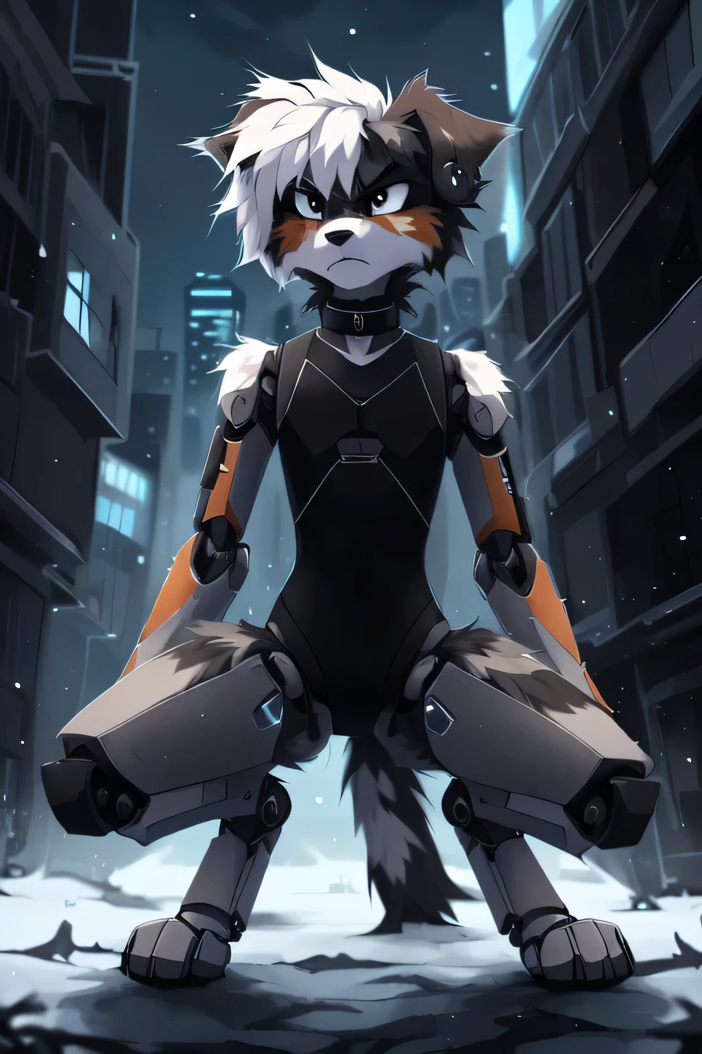 Dark snowy city, ((by reysi)), Furry, solo, ((Australian Shepard)), detailed dark fur, ((teen)), ((male)), ((full body)), ((robot digitigrade legs, robot lower half)), ((slender, skinny)), white hair, (serious, angry, dynamic pose, crouching, black mascara, ear ring, tight choker), (black tactical leotard), 