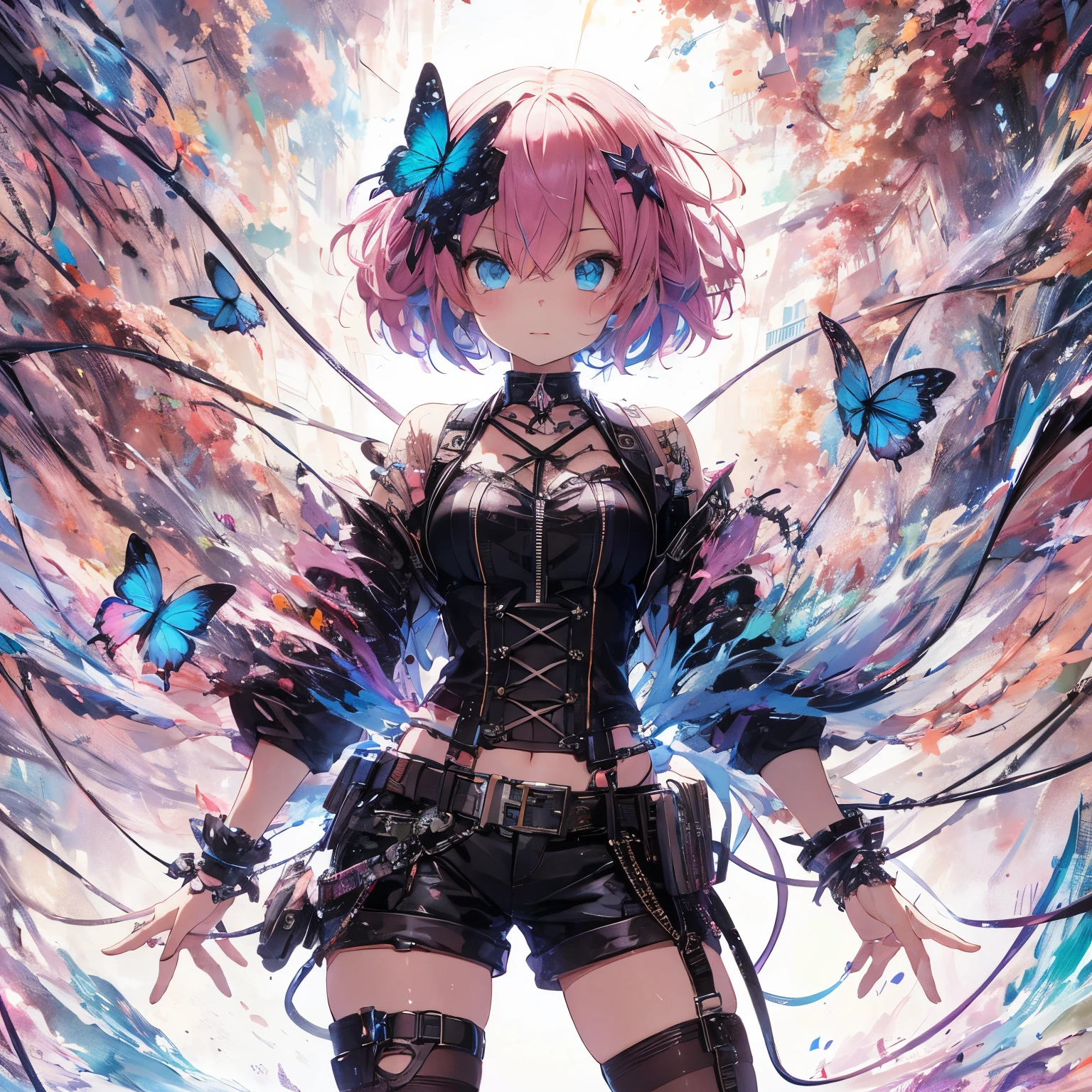 "In an anime-style illustration, a girl with bobbed pink hair and blue eyes exudes confidence amidst chaos. Wearing a black punk outfit with shorts and blue butterfly accessories, she stands in a whirlwind of abstract energy. A halo of light behind her mingles with colorful, chaotic streaks, emphasizing her dominance in the turmoil. This scene, rich in watercolor textures, detailed linework, and vibrant shading, captures the essence of controlled chaos."