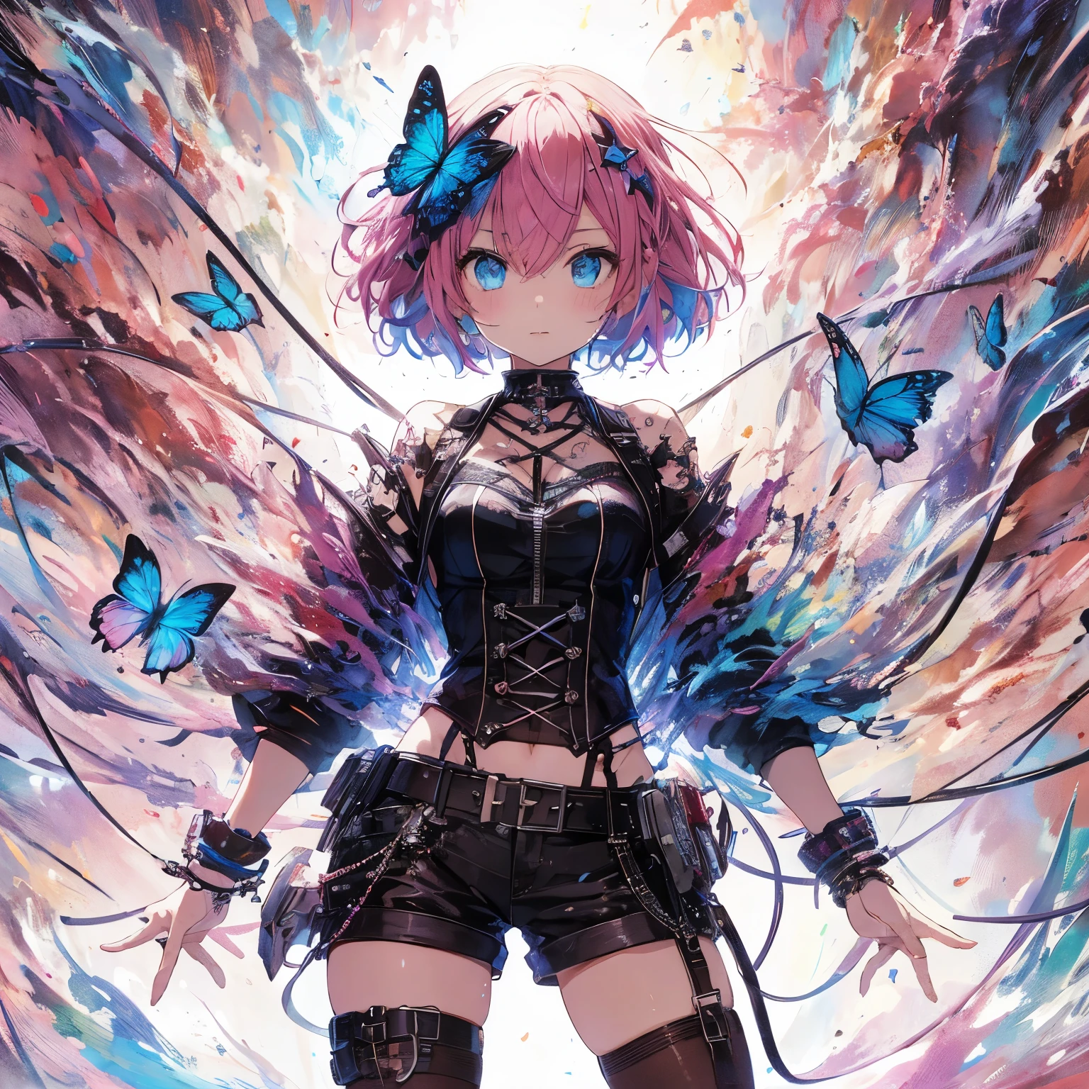 "In an anime-style illustration, a girl with bobbed pink hair and blue eyes exudes confidence amidst chaos. Wearing a black punk outfit with shorts and blue butterfly accessories, she stands in a whirlwind of abstract energy. A halo of light behind her mingles with colorful, chaotic streaks, emphasizing her dominance in the turmoil. This scene, rich in watercolor textures, detailed linework, and vibrant shading, captures the essence of controlled chaos."