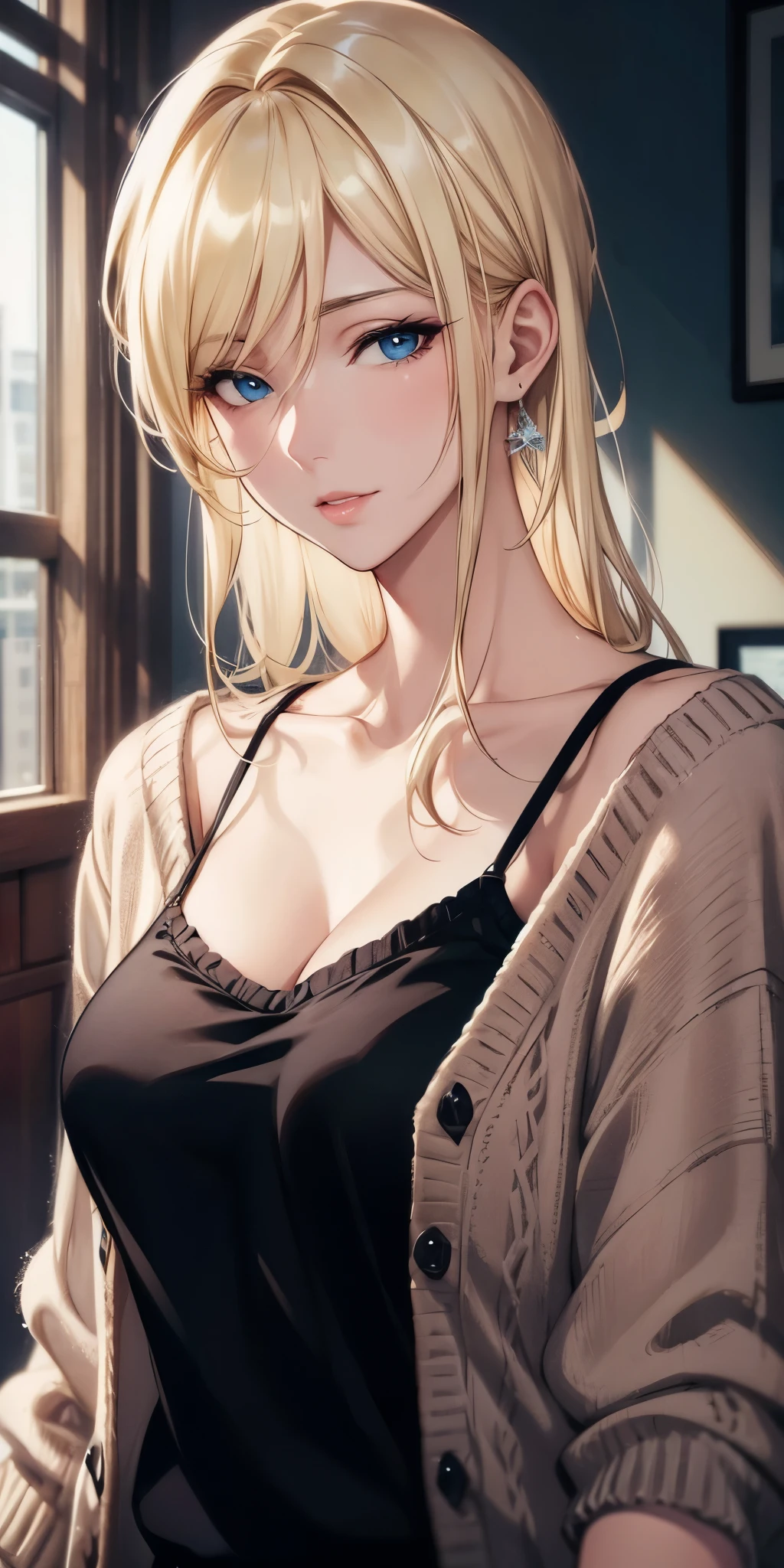 portrait, elegant adult woman, blue eyes, blonde hair, big breast, 4k resolution, beautiful cg, soft light