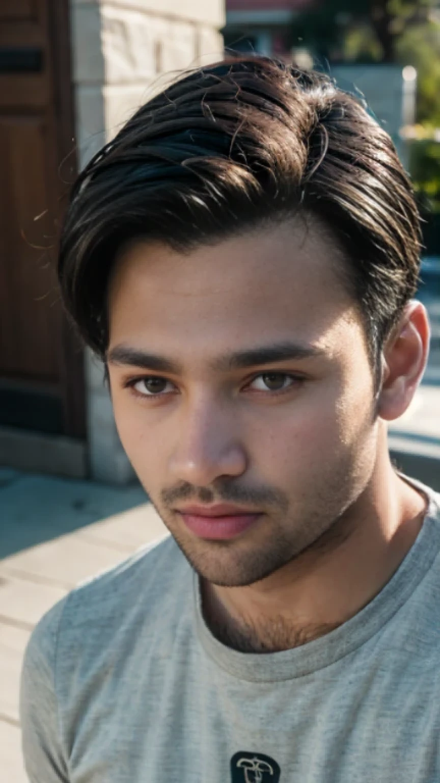 A beautiful young bearded man with highly detailed skin looking at the camera,8k,high res, soft light,no contrast,ultra realistic, photorealism.((real life photo,realistic:1.9, short beard, realistic casual clothes:1))