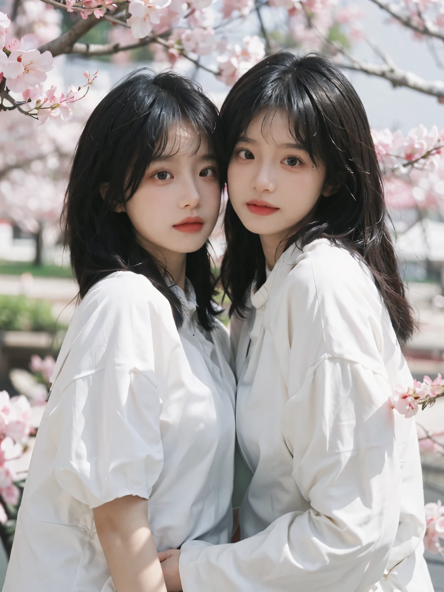 best quality, ultra high resolution, White background,(realistically:1.4), 2 girls, white cheongsam,twin? Sakura Rain,Under the cherry blossom tree,A pair of eyes as clear as snow,Royal sister,looking at the audience, close up ,