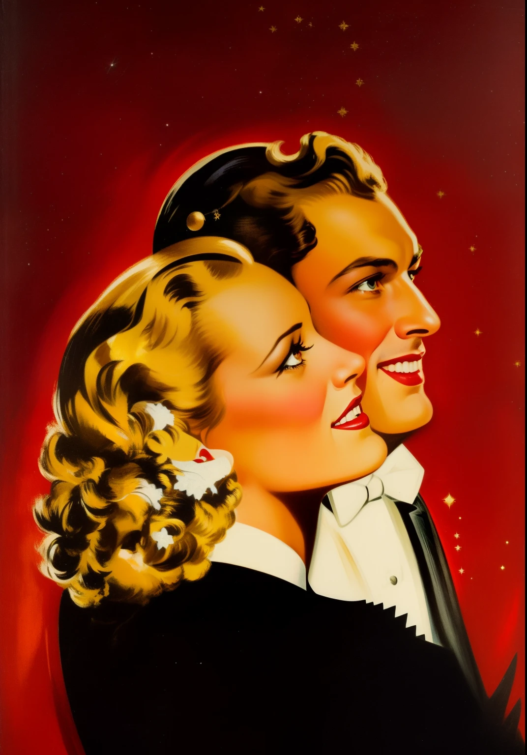 arafed image of a couple in a tuxedo looking at the stars, enoch bolles, art deco portrait, golden age illustration, 1930s film, vintage magazine illustration, by Andrew Loomis, golden age illustrator, vintage pulp art, vintage movie, inspired by Rolf Armstrong, inspired by Art Frahm, art deco poster, art deco painting