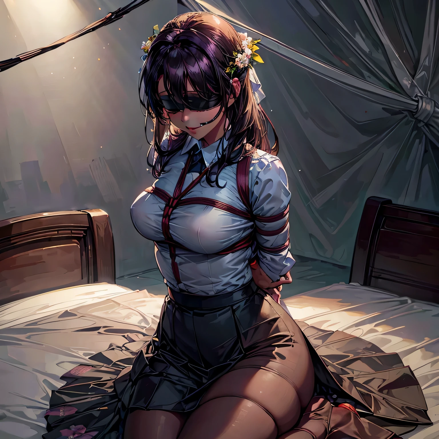 1girl,(bright lighting,romantic setting),dreamy background,,dark hair, mesmerizing gaze, , soft skin, alluring beauty, artistic portrait, high-quality image, vibrant colors,long floral sheer skirt, mosquito net, romantic bedroom, sidesuspension,solobound,blindfold,gag