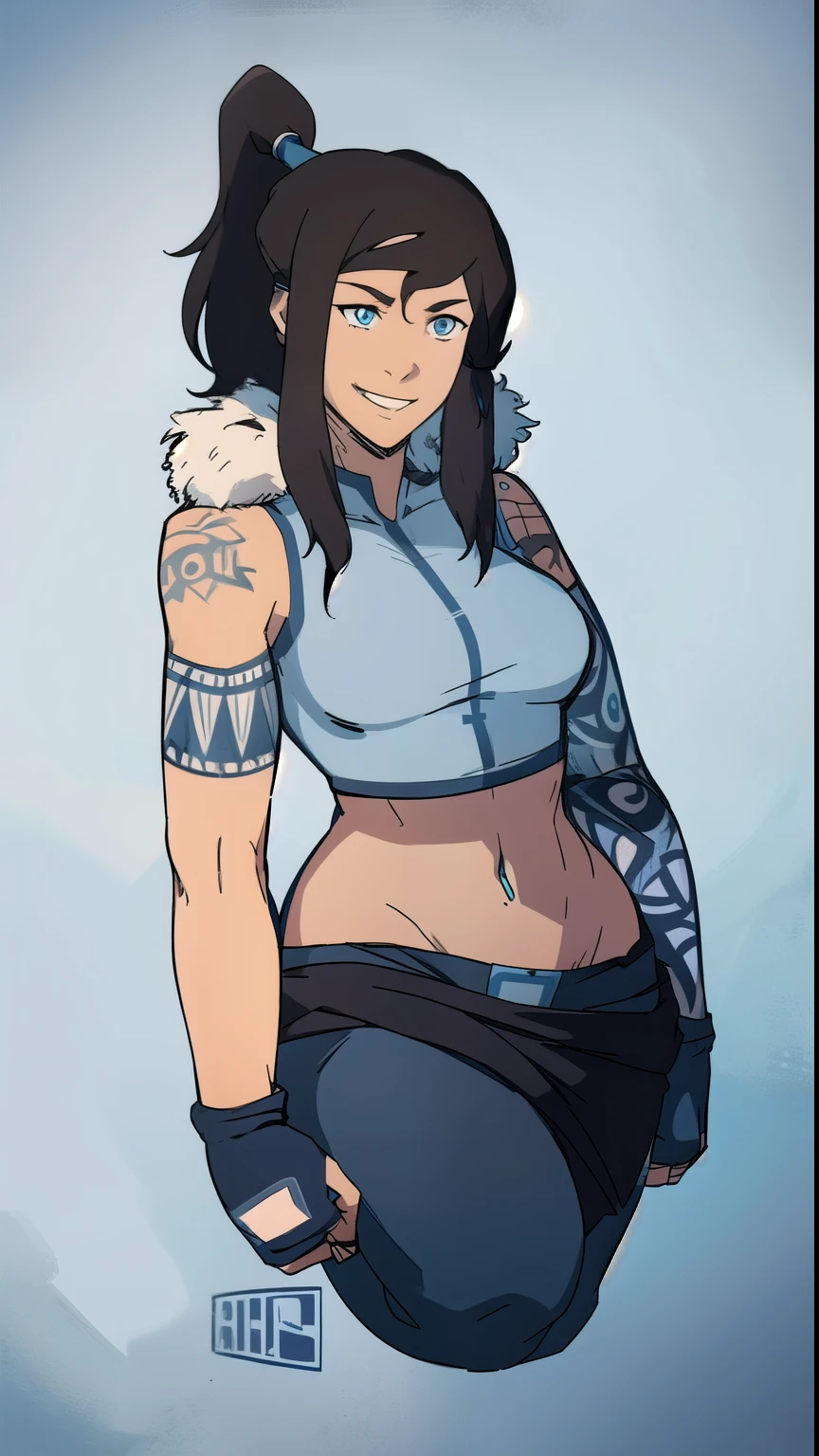 (masterpiece,detailed,highres:1.4), muscular woman, very long black hair, gigantic breasts, abs, detailed tribal clothes, fur cloak, looking at viewer, blue eyes, smug, mountain