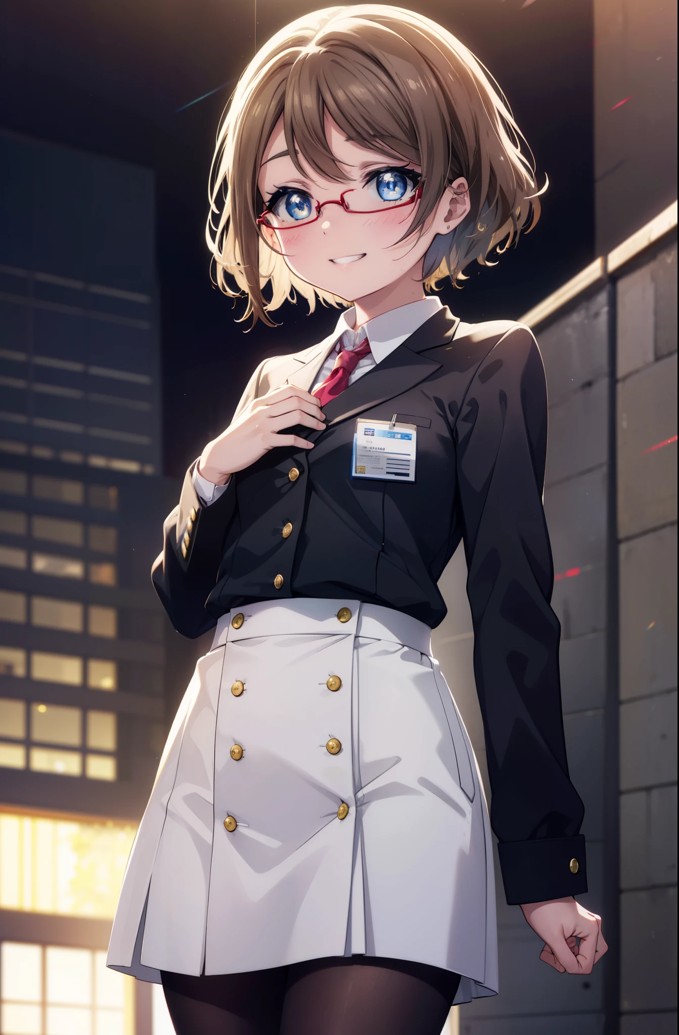 Yowatanabe, Mr. Watanabe, short hair, blue eyes, brown hair, smile, grin and laugh,OL, red glasses, end, black suit jacket, collared jacket, white dress shirt, collared shirt, neckline, button, strap, ID card on neck, black pencil skirt, black pantyhose, stiletto heels,smile, blush, So that the whole body goes into the illustration,morning日,morning,太陽が登っている
break outdoors, In town,building street,
break looking at viewer, (cowboy shot:1.5),
break (masterpiece:1.2), highest quality, High resolution, unity 8k wallpaper, (figure:0.8), (detailed and beautiful eyes:1.6), highly detailed face, perfect lighting, Very detailed CG, (perfect hands, perfect anatomy),