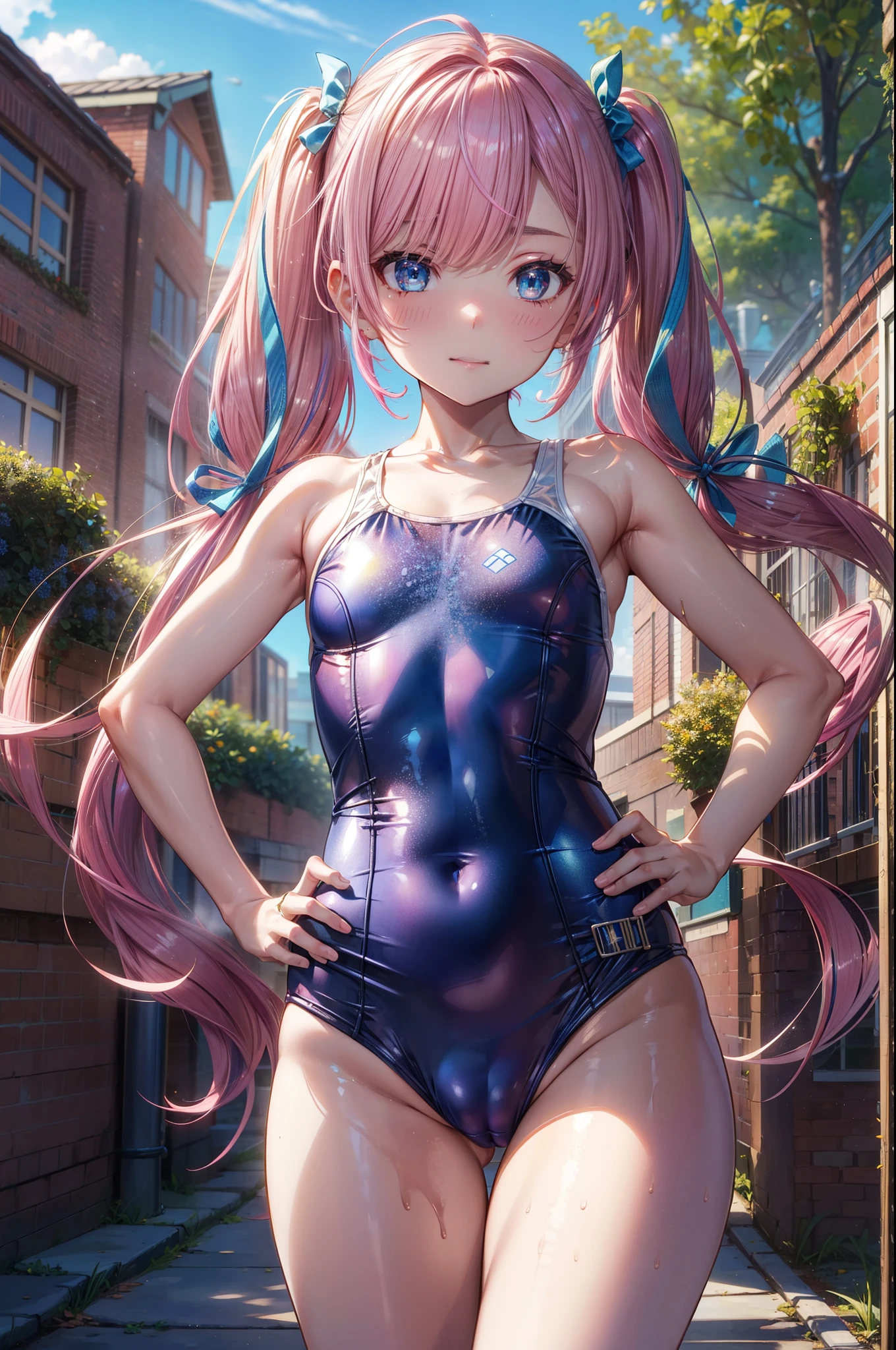 (school swimsuit), 4 defined fingers, 1 defined thumb, (looking at viewer), break, sexy, ((solo)), (1 woman), ((25 years old)), ((highest quality)), ((masterpiece)), (familiar), skindentation, perfect face, 8k , (cowboy shot), break, straight hair, ((long twintails)), (((pink hair1.5))), long hair, break, (((blue eye))), beautiful princess, embarrassed, (((in heat))), ((metallic costume)), ((very small breasts)), ((flat chest)), perfect limbs, (visible nipples:0.5), sexy, standing, (hand on hip), (from below), school courtyard during daytime, sexy pose,