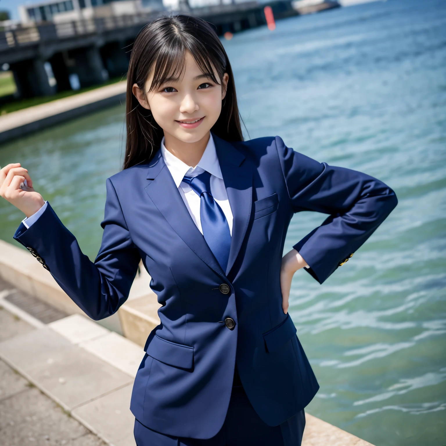 Best-quality, Masterpiece, Ultra-High-Resolution, (Photorealistic:1.4), Raw-Photo, 1girl, 12-years-old, the most famous Japanese idol, wearing navy-blue business-suit, extremely cute face like the most popular Japanese idol, extremely beautiful big-black-eyes, extremely beautiful beautiful-hair, extremely beautiful skins, looking at viewer, innocent-smile, dynamic-pose, detailed navy-blue-business-suit