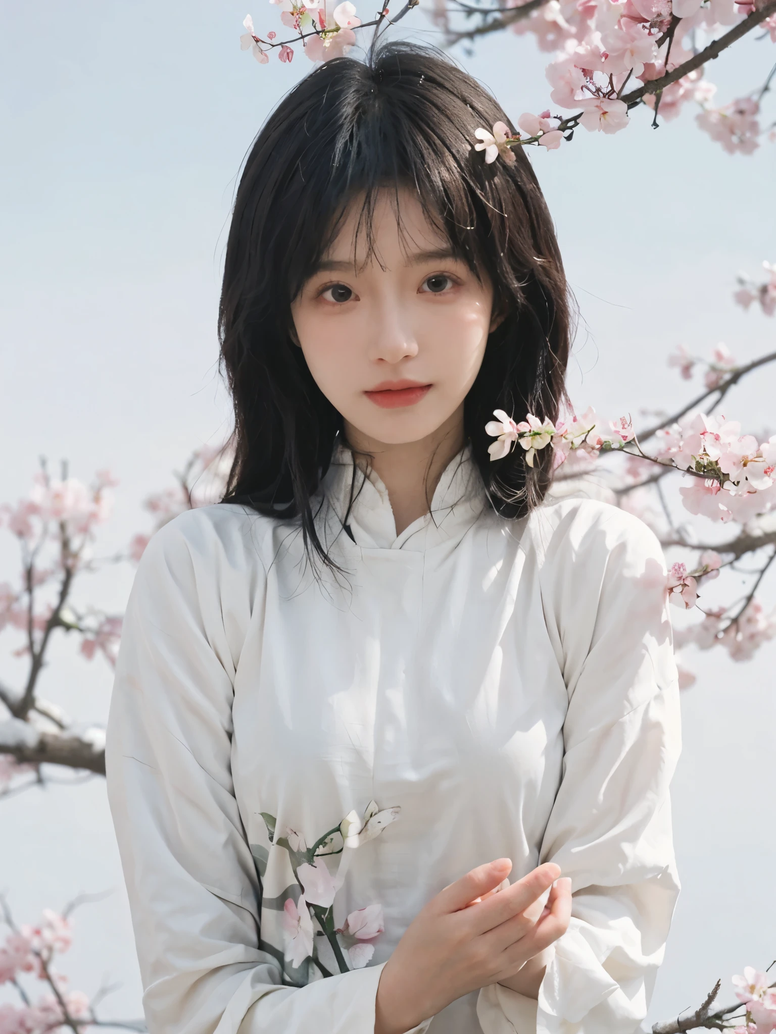 best quality， ultra high resolution， White background，（realistically：1.4）， 2 girls， white cheongsam，twin? Sakura Rain，Under the cherry blossom tree，A pair of eyes as clear as snow,Royal sister，looking at the audience， close up ，