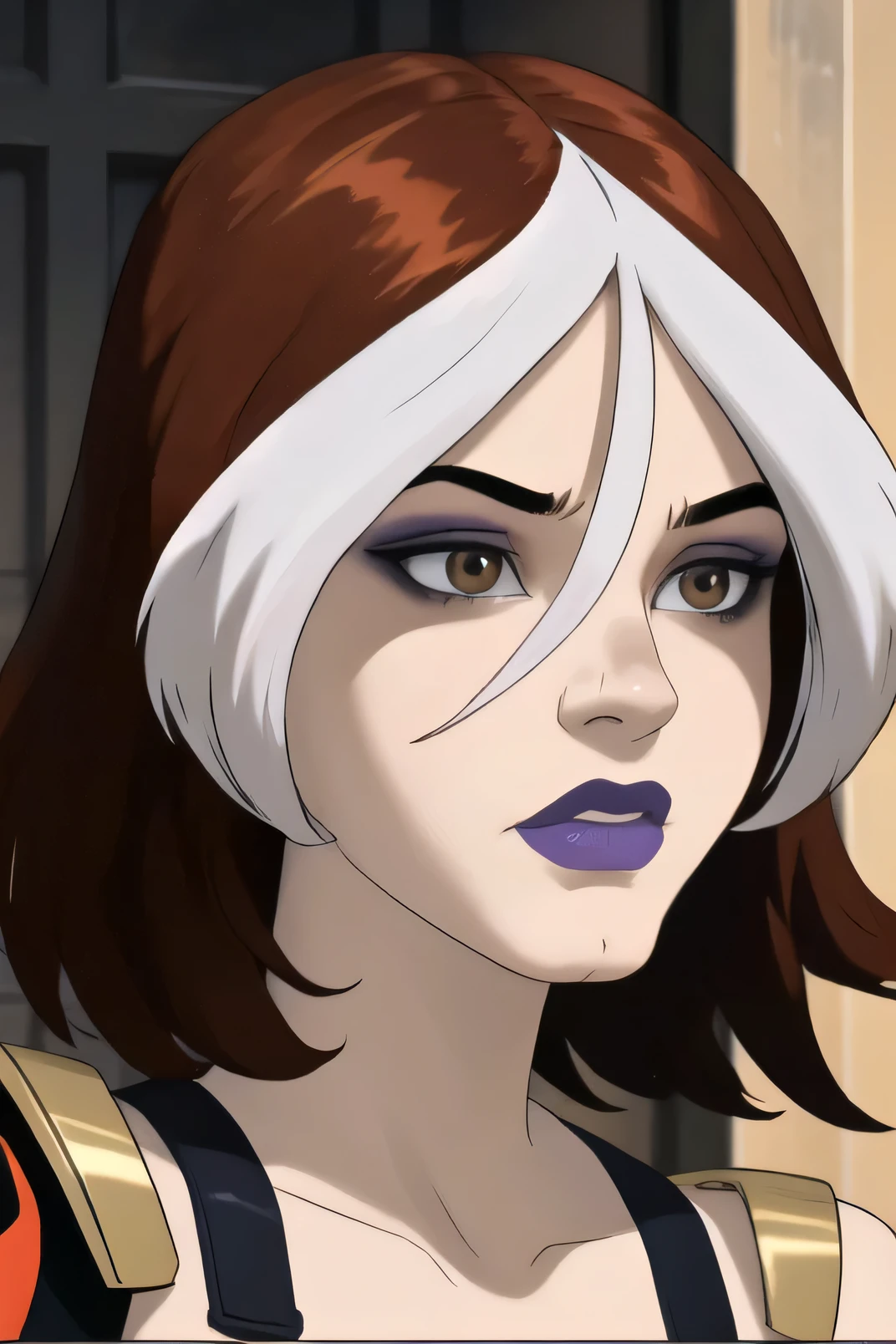 sempre em frente,pose,olhando para o espectador,Sozinho, quebrar,
desenho animado_on its own_costume_ownwaifu, www.ownwaifu.com,
two-tone cabelo, brown cabelo, white cabelo, short cabelo, inventar, lipstick, cabelo between eyes, seios, olhos cinzentos, purple lips, sombra, nariz, medium seios, split-cor_cabelo, lips, pale skin, tonificado, cintura estreita, curved, clavicle,
cinto, May, armaduras, cinto buckle, luvas marrons, ombreiras, gola alta, yellow cinto, pele firme,
quebrar,, arte oficial,papel de parede extremamente detalhado da unidade CG 8k, Perfect Lighting,colorida, Brilhante_frente_face_Lighting,pele brilhante, (obra de arte:1.0),(melhor_qualidade:1.0), ultra high resolution,4K,ultra-detalhado, fotografia, 8k, HDR, high resolution, (absurdos:1.2), Retrato Kodak 400, Film grain, fundo desfocado,(vibrante_cor:1.2),fotografia profissional,