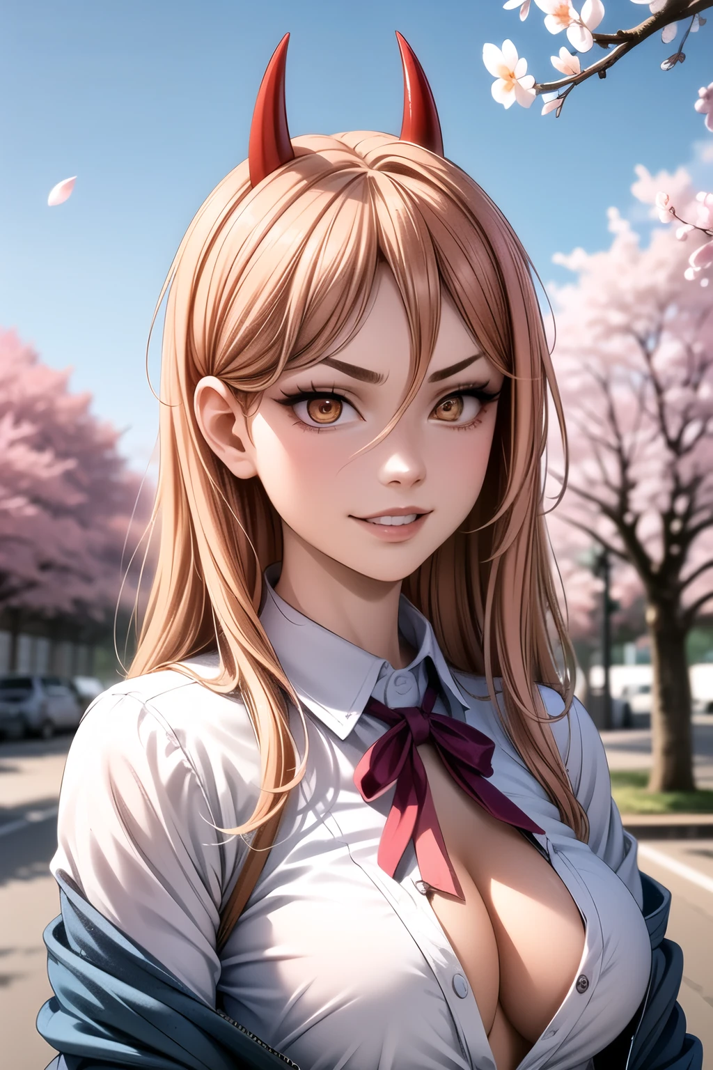 (anime style),masterpiece, best quality, ultra-detailed, glistening shiny, glowing light, ray tracing, HDR, deph of field, (perfect face, detailed face, detailed eyes),(medium boobs:1.2),8k,HD,ultra realistic face,ray tracing,perfect lighting,best quality, ultra-detailed, shiny eyes, (looking at viewer,sensual smile:1.1), ((1girl)), (gyaru, mature female:1.4),cowboy shot,
power,long hair,sharp teeth, demon horns, red horns,symbol-shaped pupils,((gradient hair)),multicolored eyes, gradient eyes, (glowing eyes:1.1), mascara, (fashion make up), parted lips,collared shirt,open coat, blue coat, blue jeans,
((school, school gate, cherry trees, cherry blossoms, flying petals)),complex background,((super detailed background)), sensual poses, ((8k wallpaper)) ,