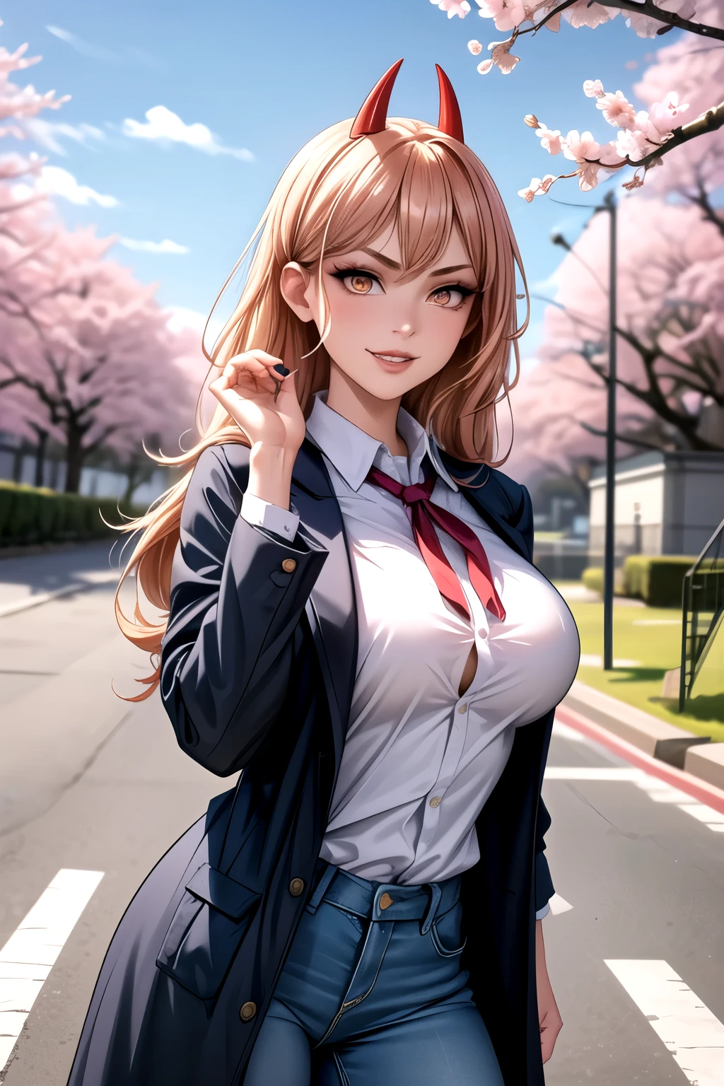 (anime style),masterpiece, best quality, ultra-detailed, glistening shiny, glowing light, ray tracing, HDR, deph of field, (perfect face, detailed face, detailed eyes),(medium boobs:1.2),8k,HD,ultra realistic face,ray tracing,perfect lighting,best quality, ultra-detailed, shiny eyes, (looking at viewer,sensual smile:1.1), ((1girl)), (gyaru, mature female:1.4),cowboy shot,
power,long hair,sharp teeth, demon horns, red horns,symbol-shaped pupils,((gradient hair)),multicolored eyes, gradient eyes, (glowing eyes:1.1), mascara, (fashion make up), parted lips,collared shirt,open coat, blue coat, blue jeans,
((school, school gate, cherry trees, cherry blossoms, flying petals)),complex background,((super detailed background)), sensual poses, ((8k wallpaper)) ,   