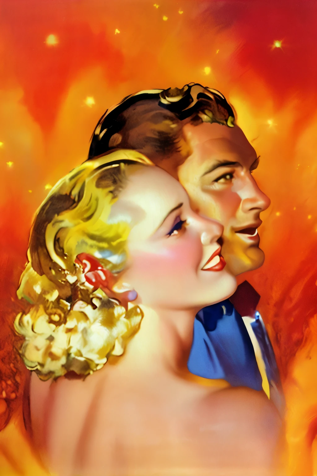 arafed image of a couple in a tuxedo looking at the stars, enoch bolles, art deco portrait, golden age illustration, 1930s film, vintage magazine illustration, by Andrew Loomis, golden age illustrator, vintage pulp art, vintage movie, inspired by Rolf Armstrong, inspired by Art Frahm, art deco poster, art deco painting