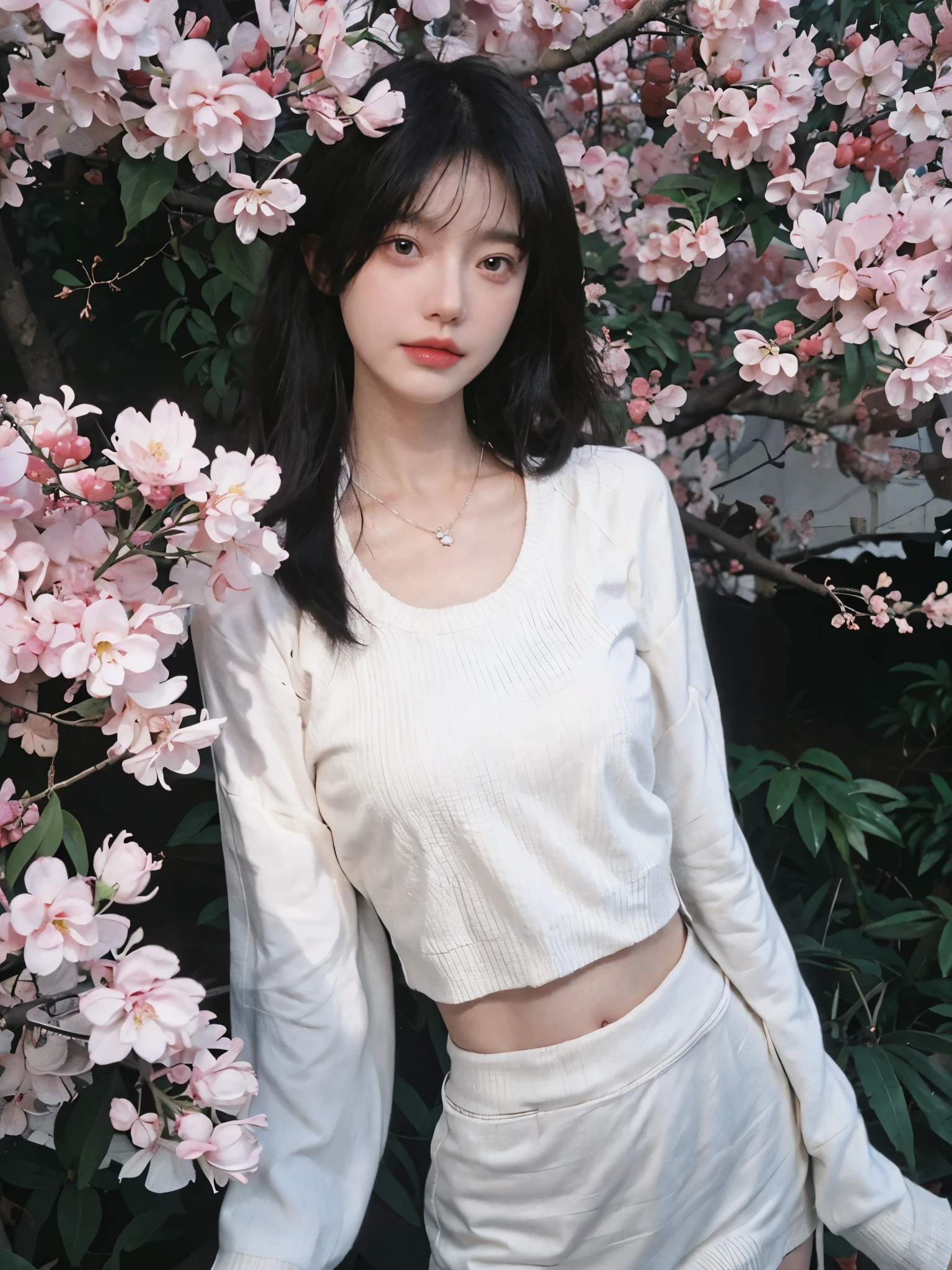 best quality, ultra high resolution, (realistically:1.4),Baoyu Girl,1 girl, long, straight hair,Looking into the distance,Under the cherry blossom tree,red short sweater,a sense of atmosphere,Beautiful woman with slim figure:1.4, abdominal muscles:1.1,,Super thin face,exquisite eyes,double eyelids,necklace