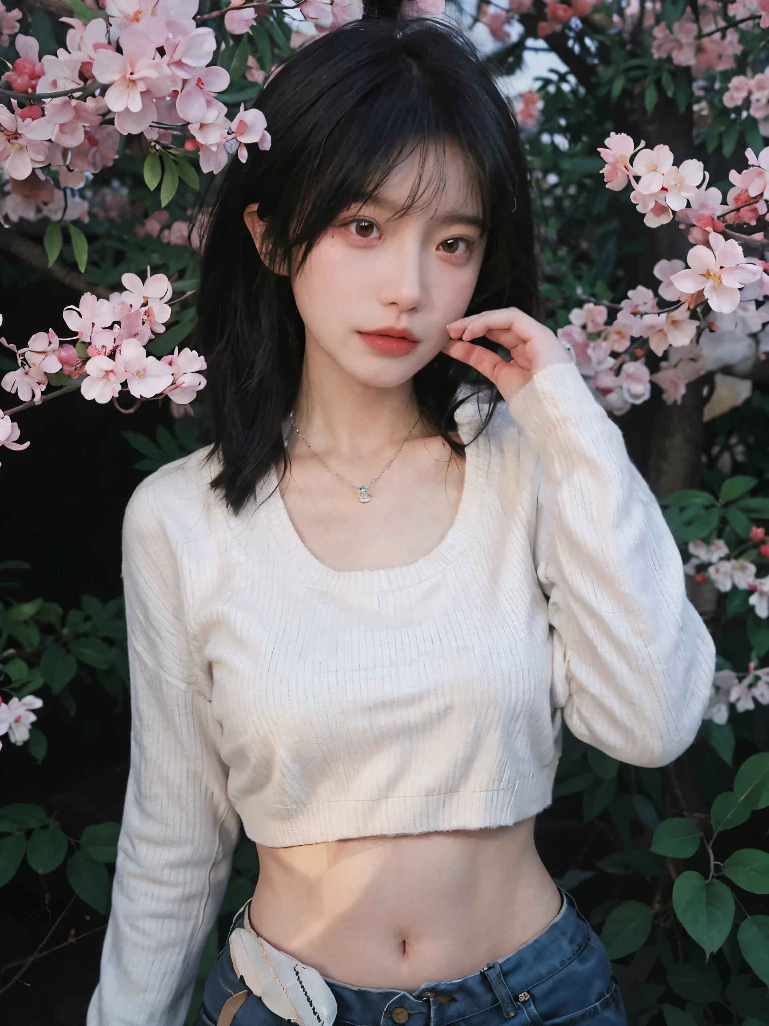 best quality, ultra high resolution, (realistically:1.4),Baoyu Girl,1 girl, long, straight hair,Looking into the distance,Under the cherry blossom tree,red short sweater,a sense of atmosphere,Beautiful woman with slim figure:1.4, abdominal muscles:1.1,,Super thin face,exquisite eyes,double eyelids,necklace