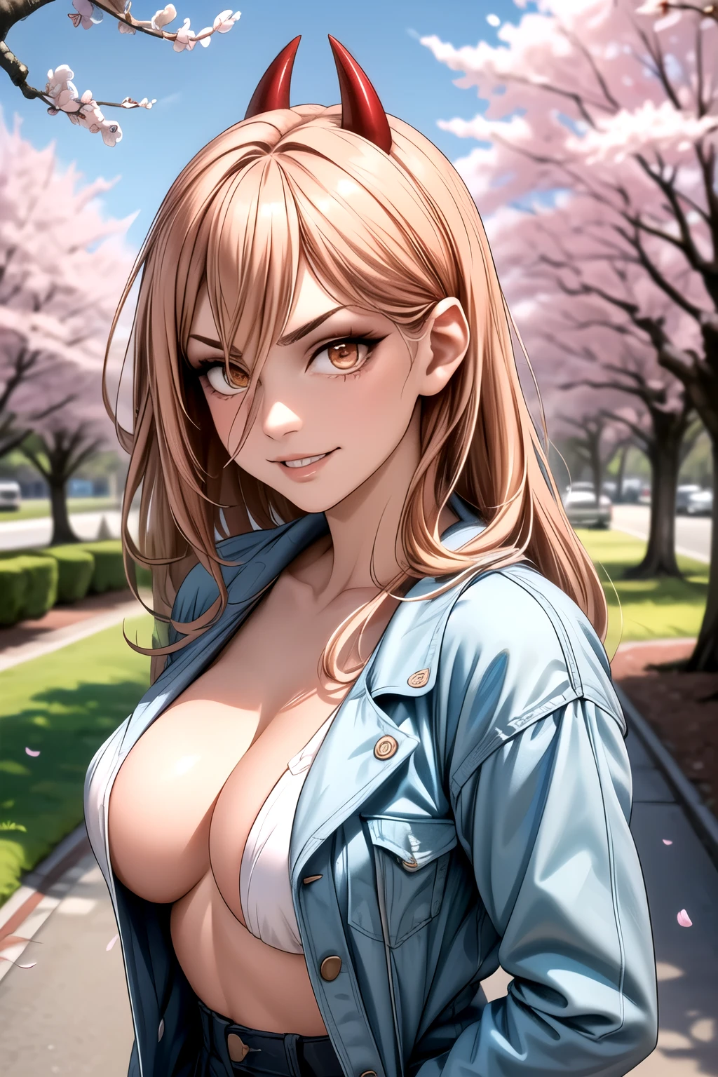 (anime style),masterpiece, best quality, ultra-detailed, glistening shiny, glowing light, ray tracing, HDR, deph of field, (perfect face, detailed face, detailed eyes),(medium boobs:1.2),8k,HD,ultra realistic face,ray tracing,perfect lighting,best quality, ultra-detailed, shiny eyes, (looking at viewer,sensual smile:1.1), ((1girl)), (gyaru, mature female:1.4),cowboy shot,
power,long hair,sharp teeth, demon horns, red horns,symbol-shaped pupils,((gradient hair)),multicolored eyes, gradient eyes, (glowing eyes:1.1), mascara, (fashion make up), parted lips,collared shirt,open coat, blue coat, blue jeans,
((school, school gate, cherry trees, cherry blossoms, flying petals)),complex background,((super detailed background)), sensual poses, ((8k wallpaper)) ,   