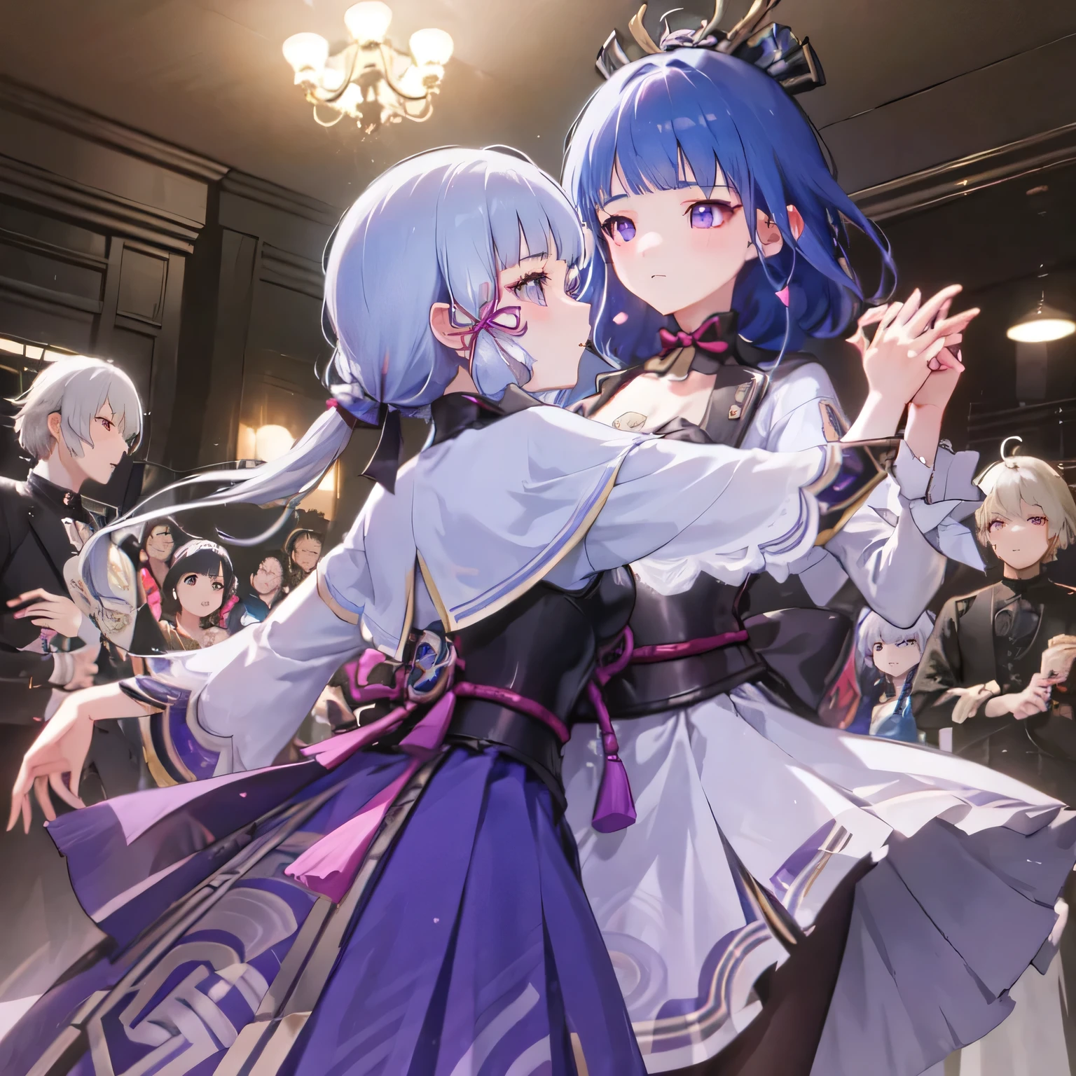 Beautiful ballroom dance, Ayaka is dancing with a cute girl with pretty purple hair, girl 2 looks like Raiden Shogun, both girls wearing modest purple dress, both have beautiful mid length dresses, both seen through the crowd, far, drama displayed by the dresses, smiley, sweet.