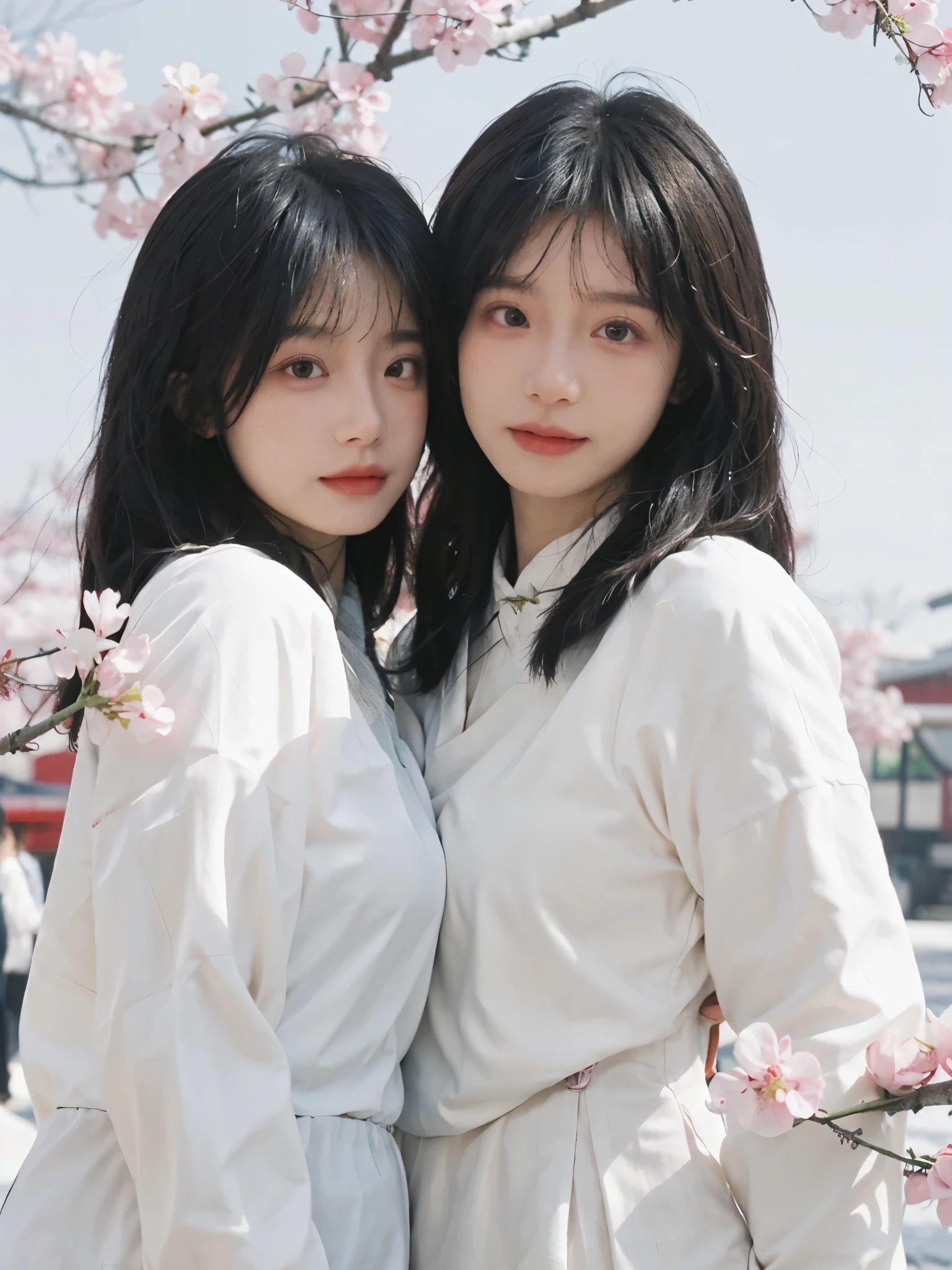 best quality, ultra high resolution, White background,(realistically:1.4), 2 girls, white cheongsam,twin? Sakura Rain,Cherry tree,sunset,A pair of eyes as clear as snow,Royal sister,looking at the audience, close up ,