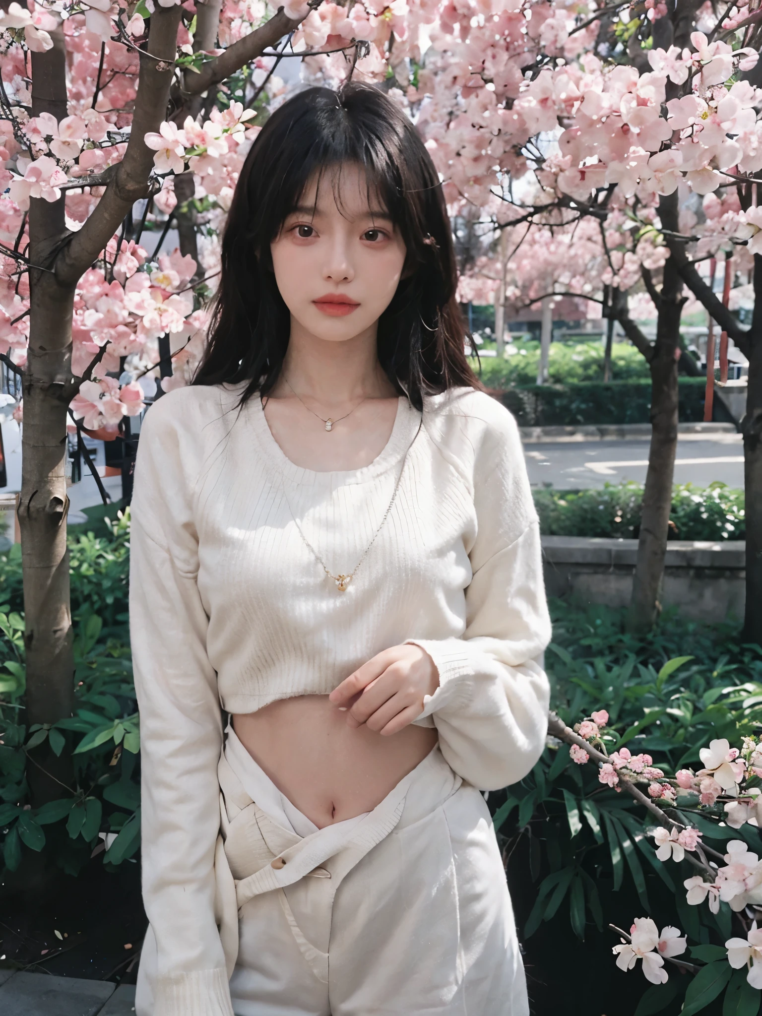 best quality， ultra high resolution， （realistically：1.4），Baoyu Girl，1 girl, long, straight hair，Looking into the distance，Under the cherry blossom tree，red short sweater，a sense of atmosphere，Beautiful woman with slim figure:1.4, abdominal muscles:1.1,,Super thin face，exquisite eyes，double eyelids，necklace