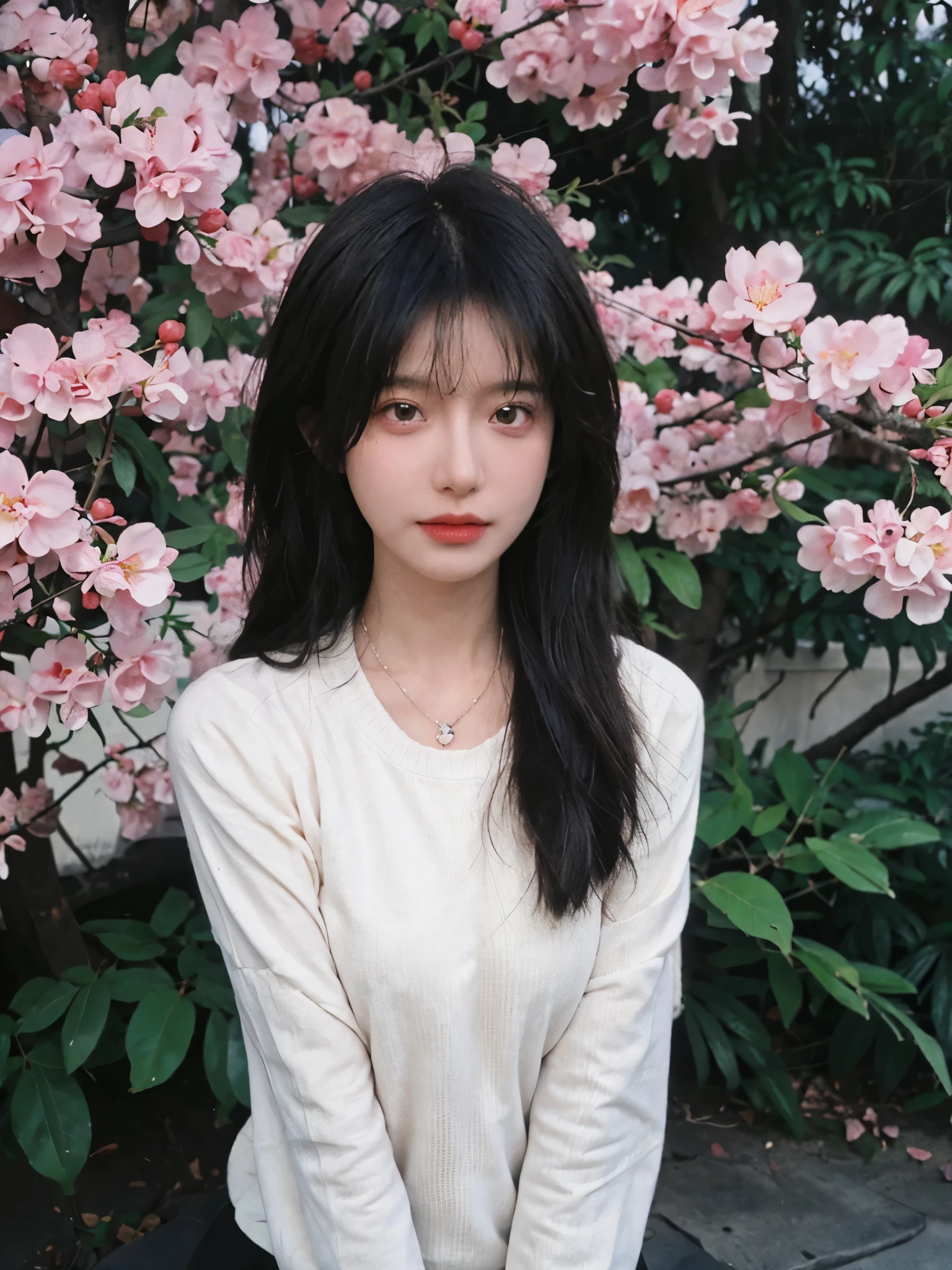 best quality, ultra high resolution, (realistically:1.4),Baoyu Girl,1 girl, long, straight hair,Looking into the distance,Under the cherry blossom tree,red short sweater,a sense of atmosphere,Beautiful woman with slim figure:1.4, abdominal muscles:1.1,,Super thin face,exquisite eyes,double eyelids,necklace