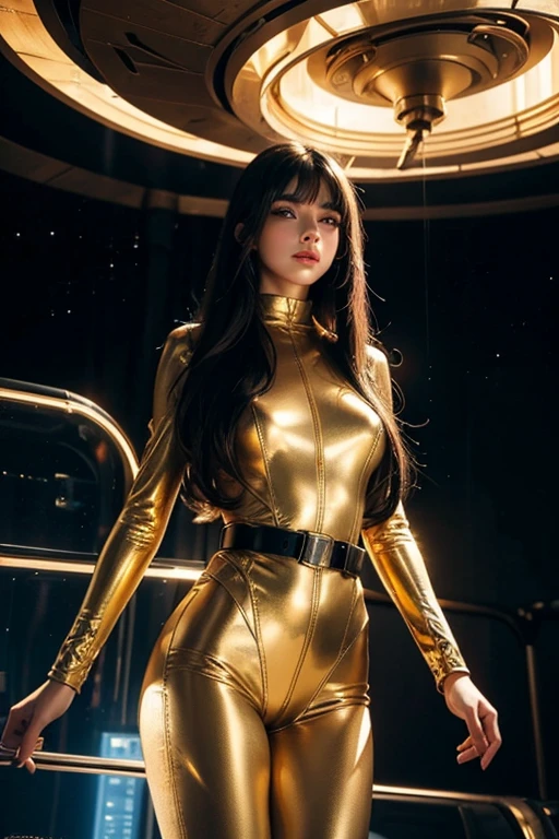 Best quality, 8K, woman space retro futurism, beautiful and detailed face, black straight long hair, bangs,big eyelashes,LOOKING TO observer,LIGHT TAN bodystocking, gold belt,sci-fi RETRO SPACESHIP scenario