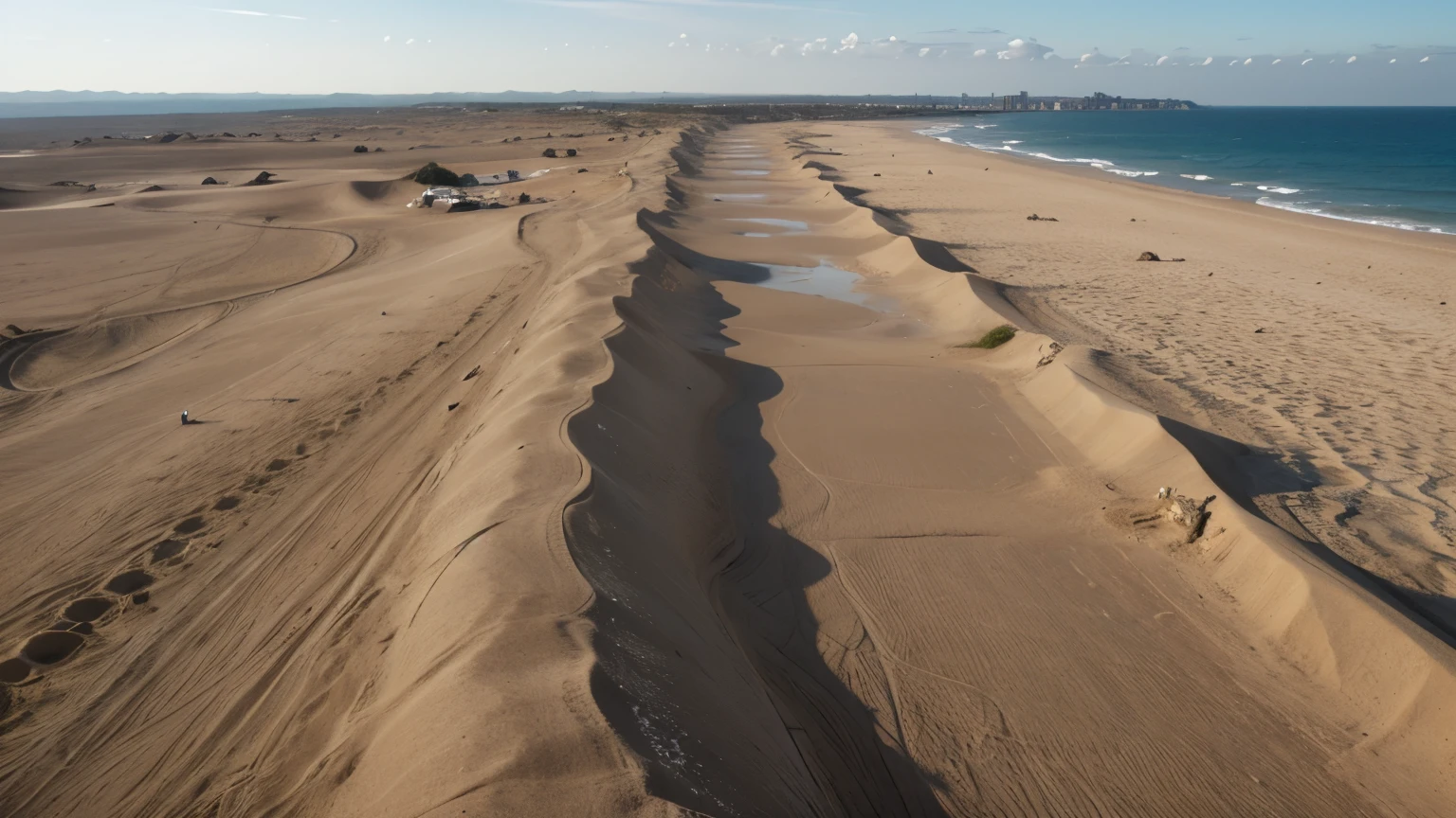 A sandy desert by the sea. The view of a very large bay. Das Meer ist sichtbar
