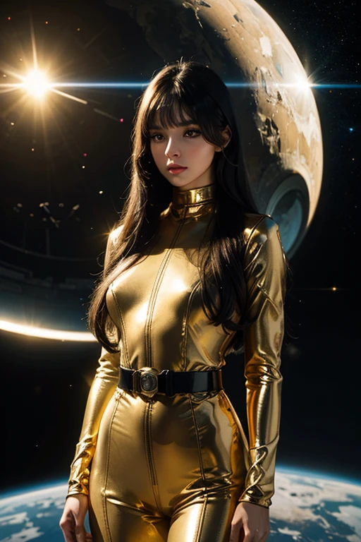 Best quality, 8K, woman space retro futurism, beautiful and detailed face, black straight long hair, bangs,big eyelashes,LOOKING TO observer,LIGHT TAN bodystocking, gold belt,sci-fi RETRO SPACESHIP scenario