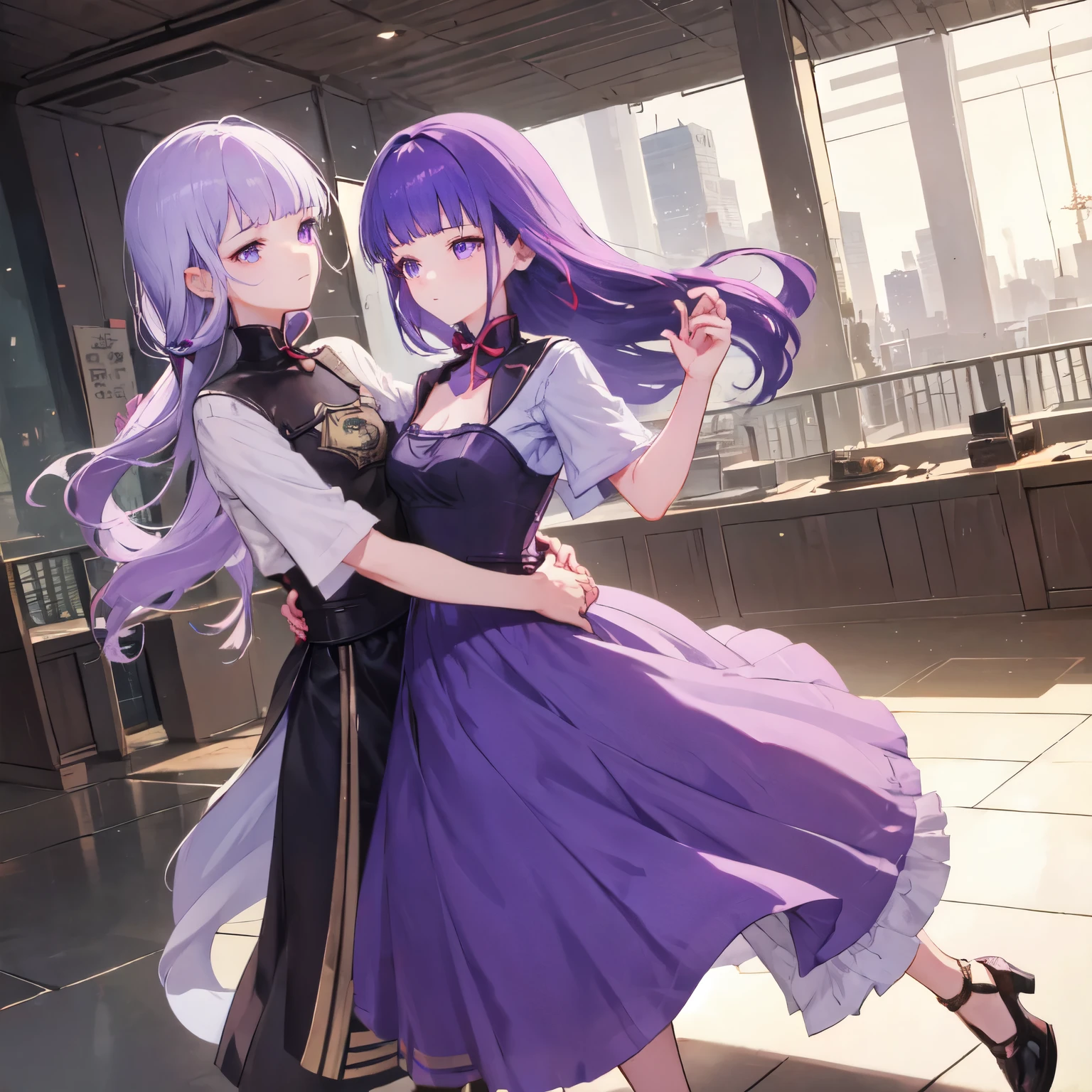 Beautiful ballroom dance, Ayaka is dancing with a cute girl with pretty purple hair, girl 2 looks like Raiden Shogun, girl 2; medium purple hair, swooped bangs, both girls wearing modest purple dress, both have beautiful cute mid length dresses, both seen through the crowd, far, drama displayed by the dresses, happy, sweet, both faces in view.