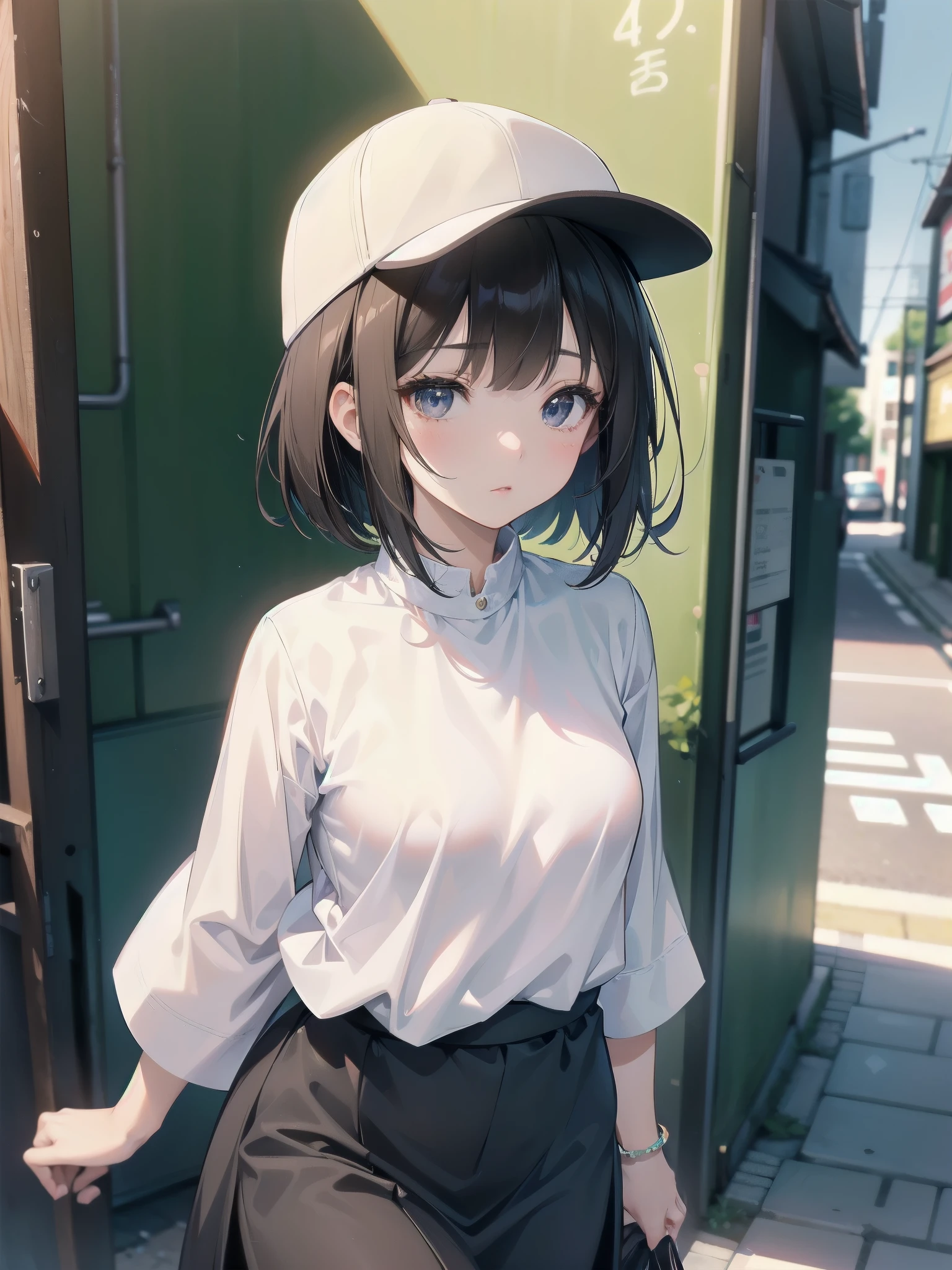 A 28-year-old Japanese woman is walking down the street.、she is wearing casual clothes、She wears a cap with a black brim and a white front.、she is wearing a long black skirt、She is wearing a peplum blouse、She's looking at us、She is a slender woman with dark brown hair and a fluffy long bob.、small breasts、slender、A cup breasts、An illustration、二次元An illustration、Japan anime、drawn by Japanese ilastrator、high resolution、4K quality、high quality、High resolution、5 million pixels、high detail、