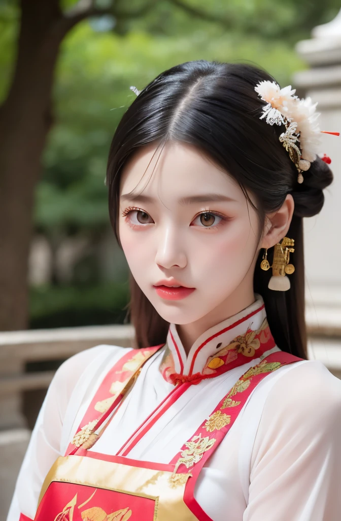 A girl cosplaying as a Chinese kunoichi with a detailed costume, intricate hair accessories, and elaborate makeup, performing a martial arts pose in a traditional Chinese garden. The girl has beautiful detailed eyes, mesmerizing long eyelashes, and perfect red lips. The costume is made of high-quality materials with vibrant colors, featuring intricate embroidery and delicate patterns. The scene is bathed in natural sunlight, with soft shadows cast by the surrounding trees. The overall image is of the best quality, with ultra-detailed features, realistic rendering, and vivid colors. The artwork combines the aesthetics of cosplay and traditional Chinese culture, creating a visually stunning and culturally rich composition.