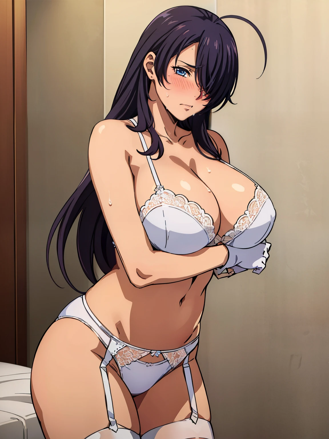 POV, 1boy, POV hands, breast grab, break 1 girl, bare shoulder, white lace bra, white lace gloves, white lace panties, white garter belt, blush, embarassed, sweating, bedroom background, kanu unchou, anime cels style, best quality, high resolution, 1girl, (huge breasts:1.2), beautiful face, black hair, long hair, ((hair over one eye)), blue eye, navel, cowboy shot