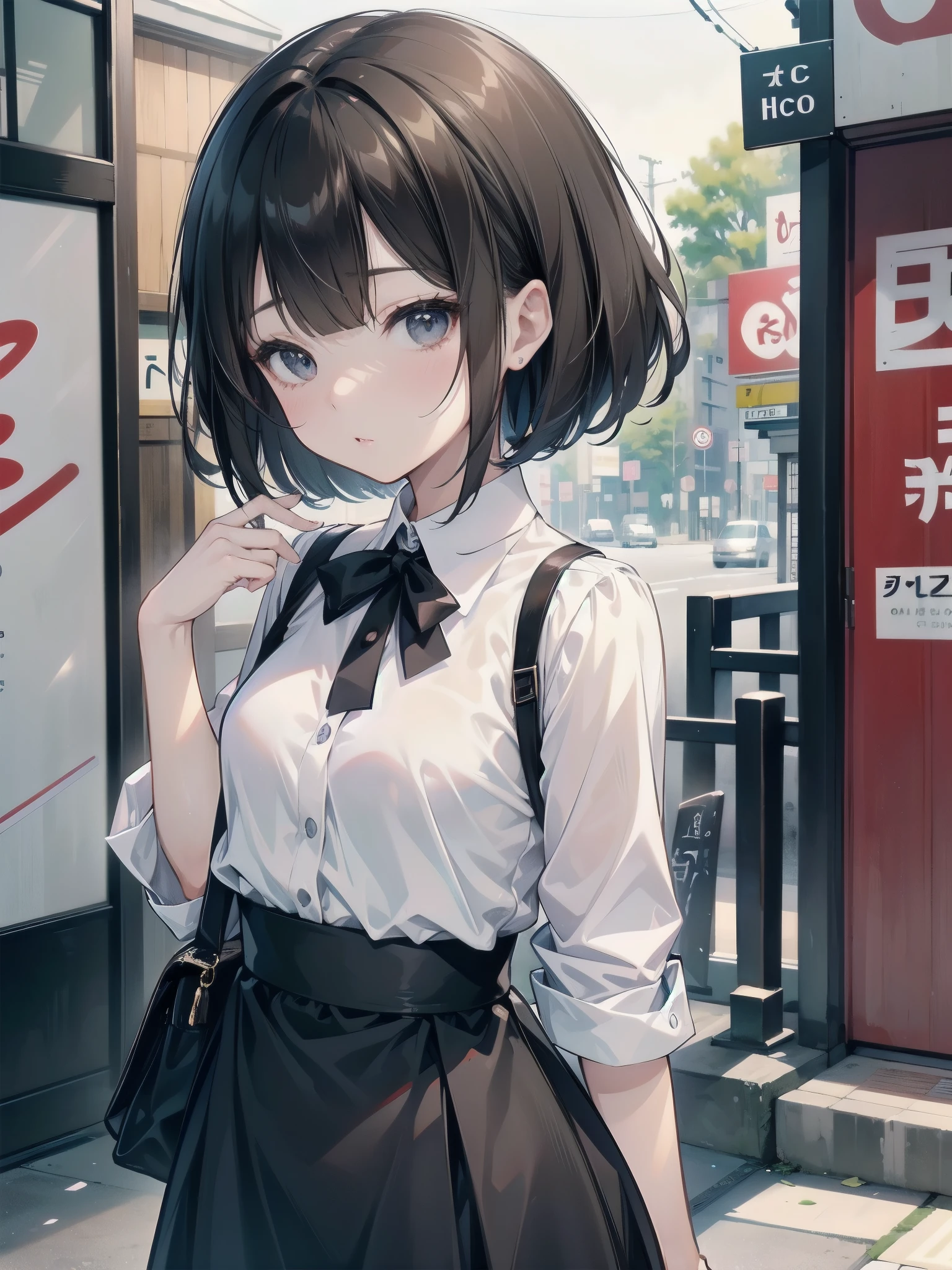 A 28-year-old Japanese woman is walking down the street.、she is wearing casual clothes、She wears a cap with a black brim and a white front.、she is wearing a long black skirt、She is wearing a peplum blouse、She's looking at us、She is a slender woman with dark brown hair and a fluffy long bob.、small breasts、slender、A cup breasts、An illustration、二次元An illustration、Japan anime、drawn by Japanese ilastrator、high resolution、4K quality、high quality、High resolution、5 million pixels、high detail、