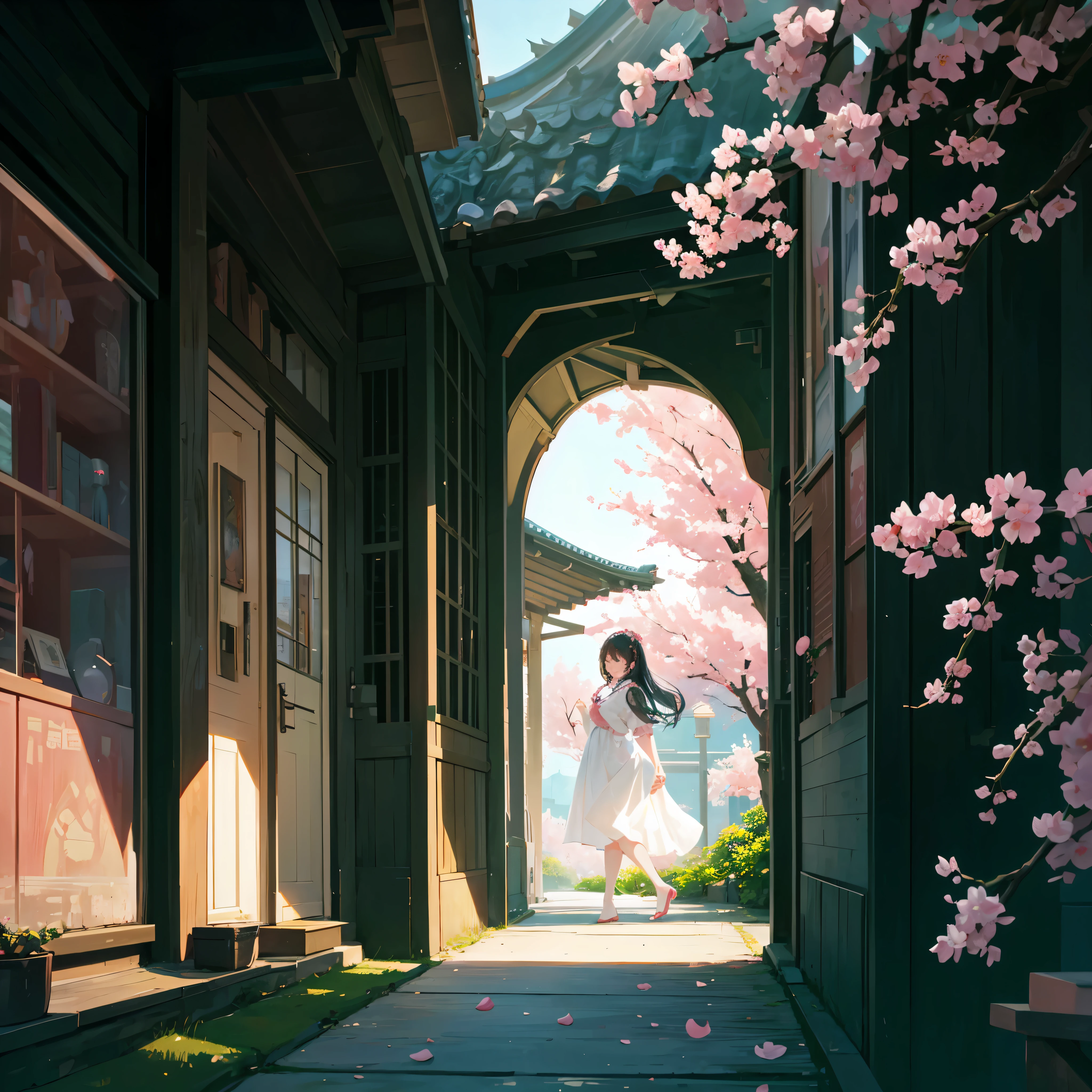 8K、A large cherry tree in full bloom in the center、Cherry blossom petals are dancing、look up at the cherry blossoms、fantasy