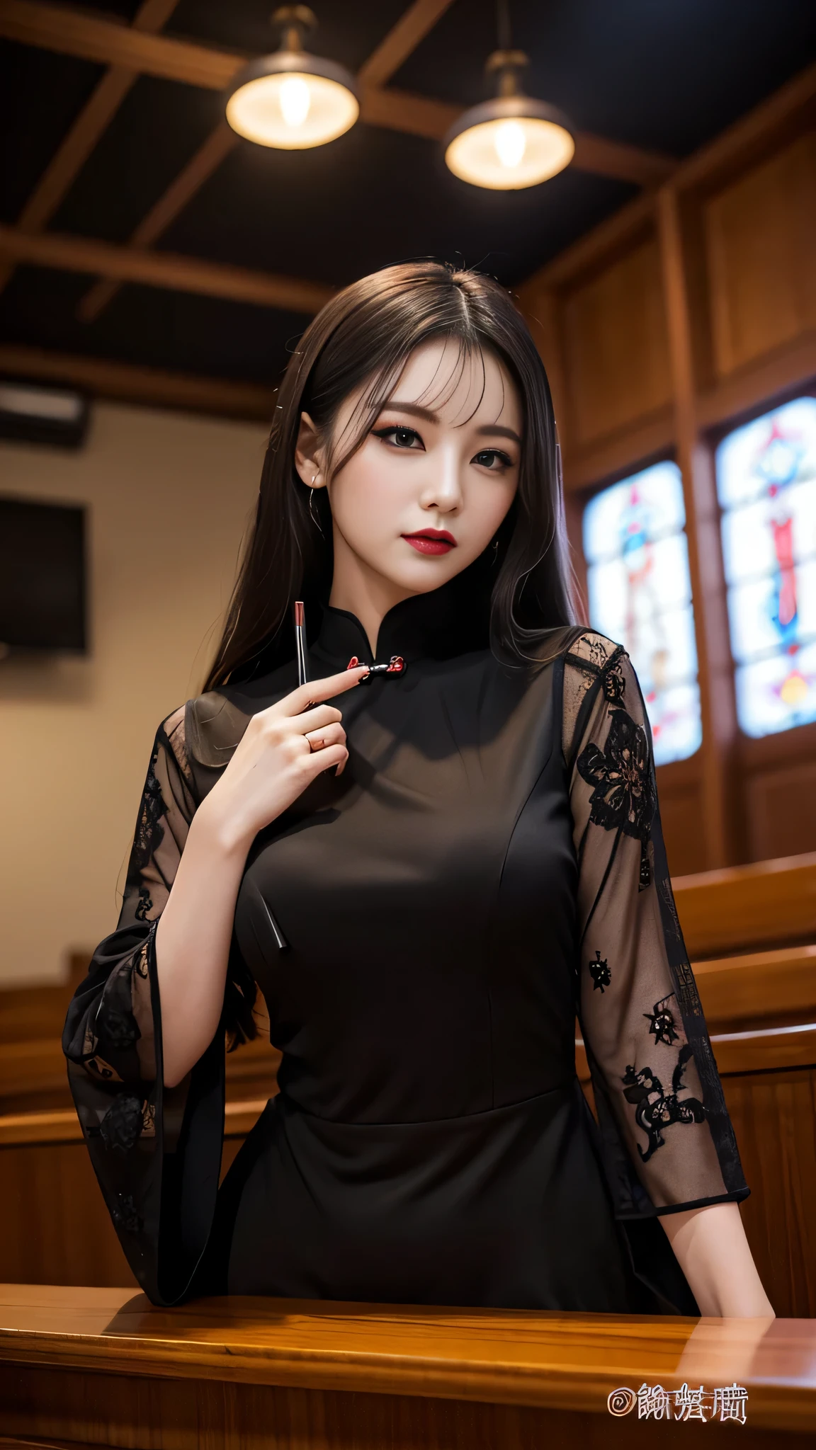 tra-detailed、Japanese、attractive beauty、seductive adult woman、pretty woman、piercing eyes、cool girl、wavy hair、Long Black Cheongsam、wide sleeves、Evil cadres、evil depravity、brainwash、mind control、lipstick、lip gloss、dark makeup、smirk、evil look、evil、empty eyes、evil、church at night、vampire、succubus、vampire、makeup brush、Swear allegiance、stand