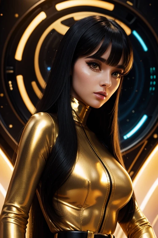 Best quality, 8K, woman space retro futurism, beautiful and detailed face, black straight long hair, bangs,big eyelashes,LOOKING TO observer,LIGHT TAN bodystocking, gold belt,sci-fi RETRO SPACESHIP scenario